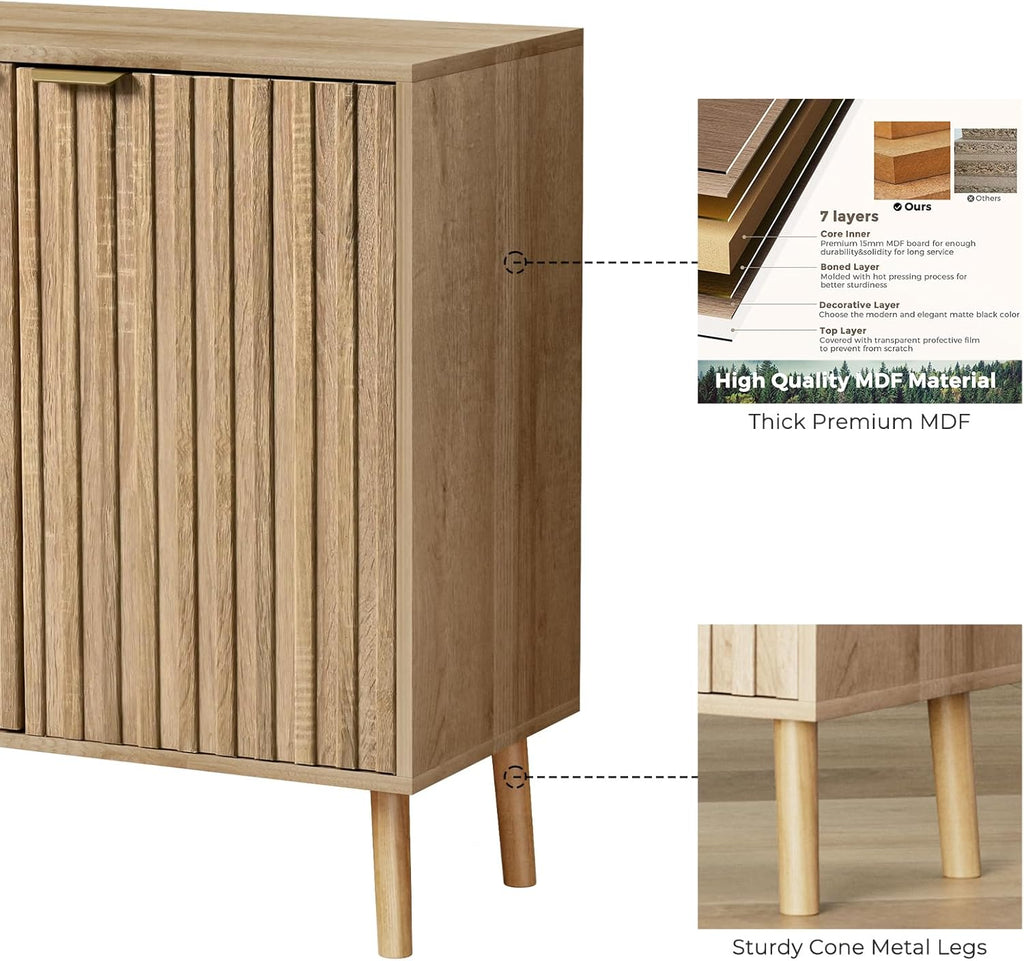Vrullu Fluted Storage Cabinet, Freestanding Buffet Cabinet with Adjustable Shelf, Wood Sideboard, Multifunctional Accent Storage for Living Room, Hallway, Entryway, Dining Room (1, Oak)