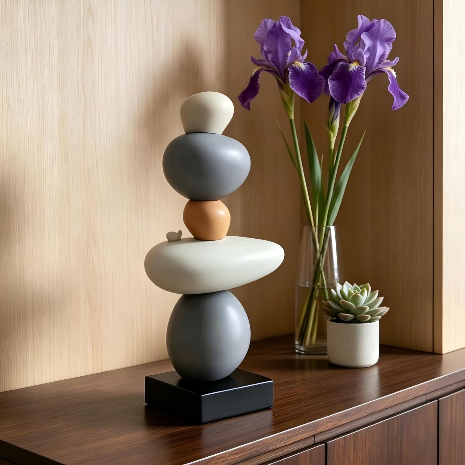Zen Stacked Stones Sculpture, 12.6” Resin Balance Rock Statue for Modern Home Decor, Minimalist Abstract Stone Figurine for Living Room Shelf Desk Office, Neutral Color Decorative Art Ornament