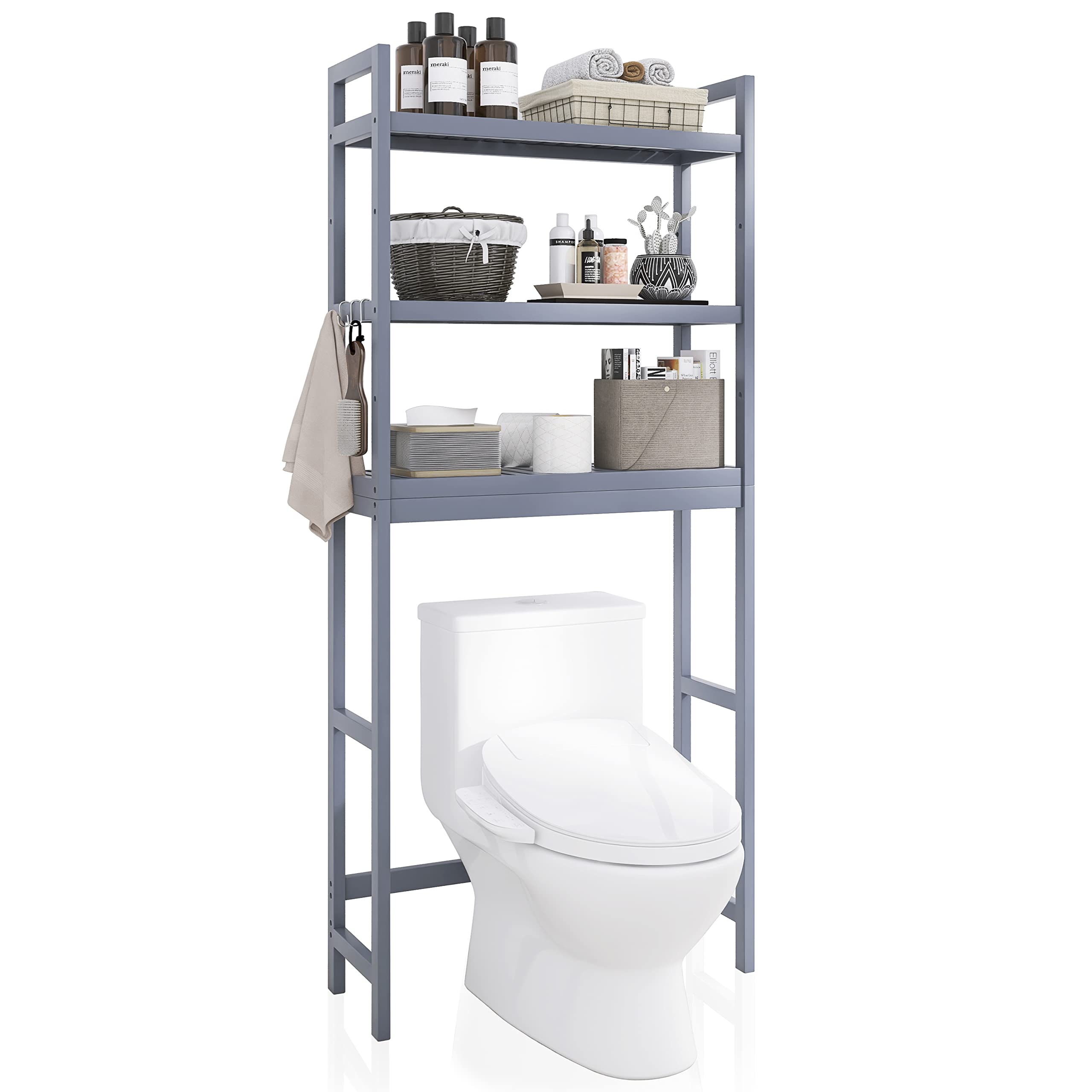 SMIBUY Bathroom Storage Shelf, Bamboo Over-The-Toilet Organizer Rack, Freestanding Toilet Space Saver with 3-Tier Adjustable Shelves (Natural)