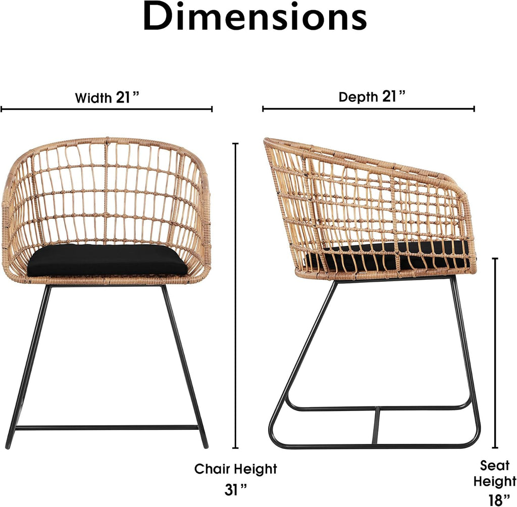 Tommy Hilfiger Graham Rattan Dining Chair, Woven Wicker Armchair with Black Cushion and Metal Legs, Boho Modern Accent Chair for Dining Room, Living Room or Office, Natural