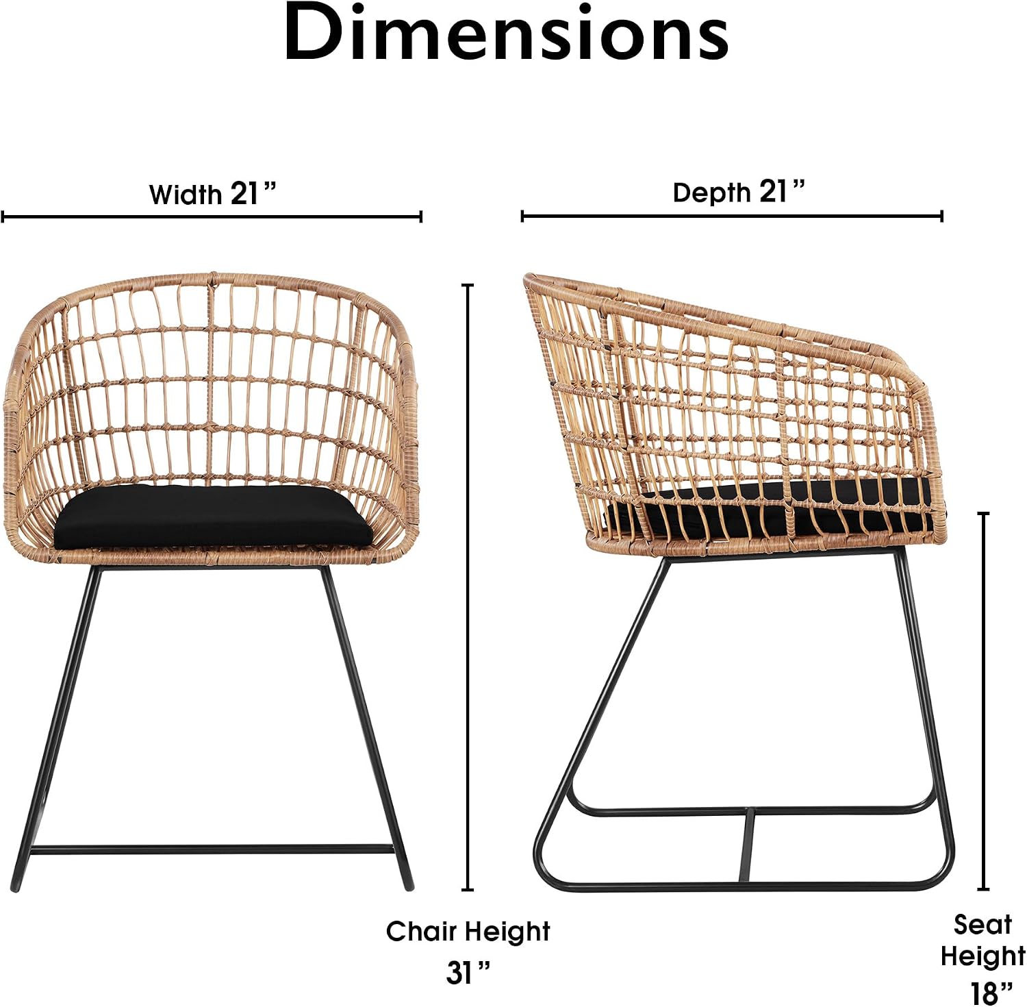 Tommy Hilfiger Graham Rattan Dining Chair, Woven Wicker Armchair with Black Cushion and Metal Legs, Boho Modern Accent Chair for Dining Room, Living Room or Office, Natural
