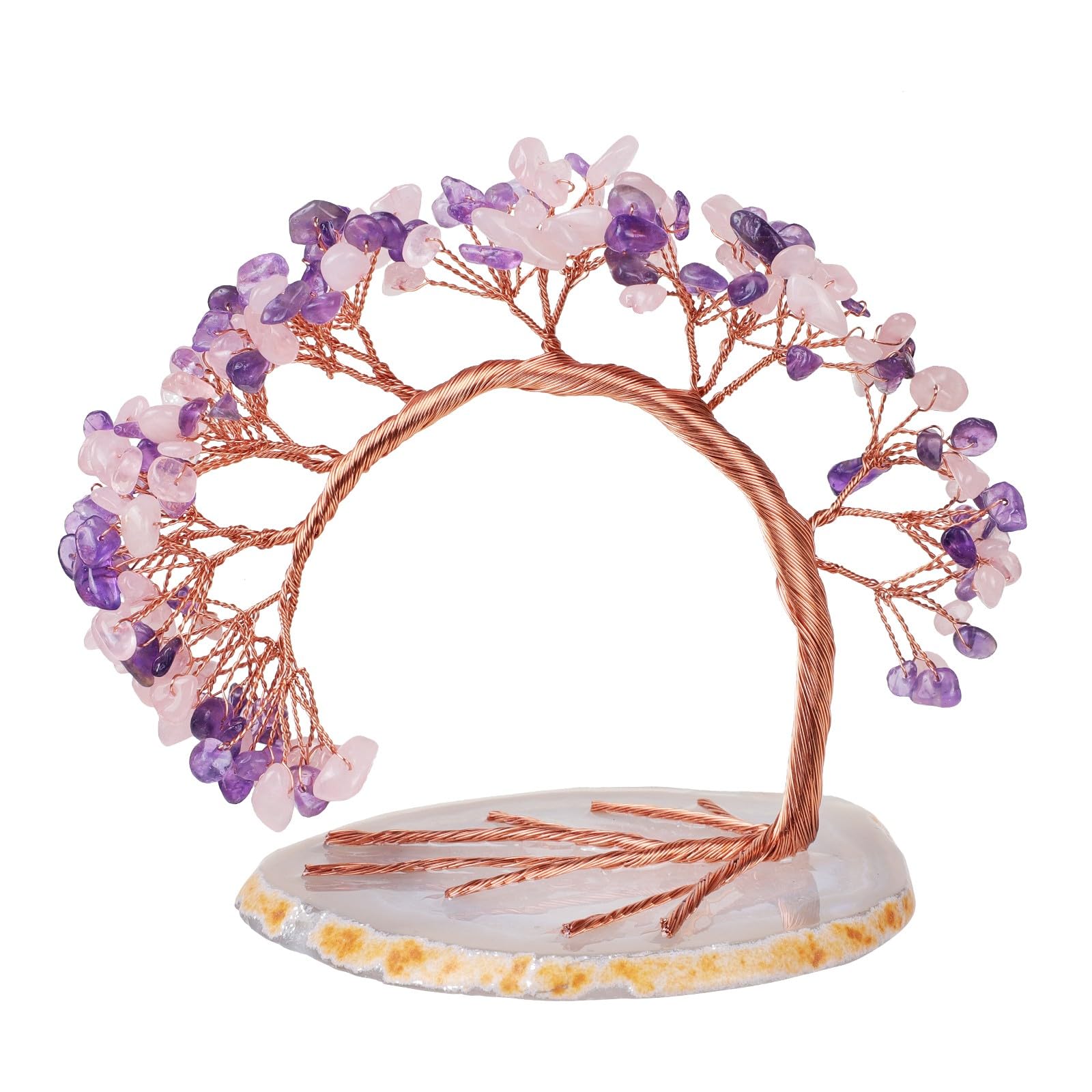 Handmade Fluorite Crystal Tree on Agate Slice Base, Feng Shui Stone Money Tree Bonsai for Home Office Decoration, 4.5"-5.2"