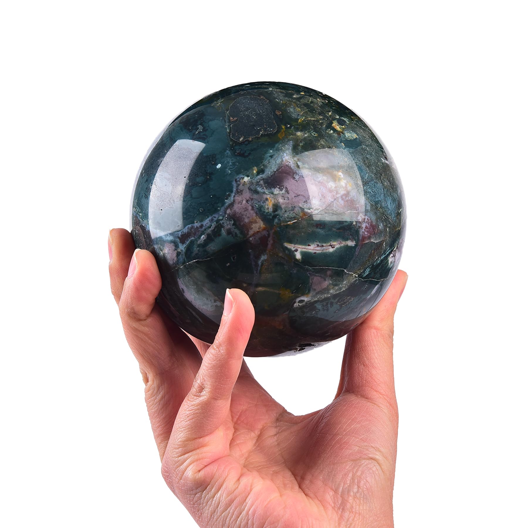 JIC Gem Natural Amazonite Crystal Sphere with Wood Stand Gemstone Sphere,Polished Healing Energy Mineral Gemstone Balls for Reiki Chakra Decoration Fengshui (60-70mm)