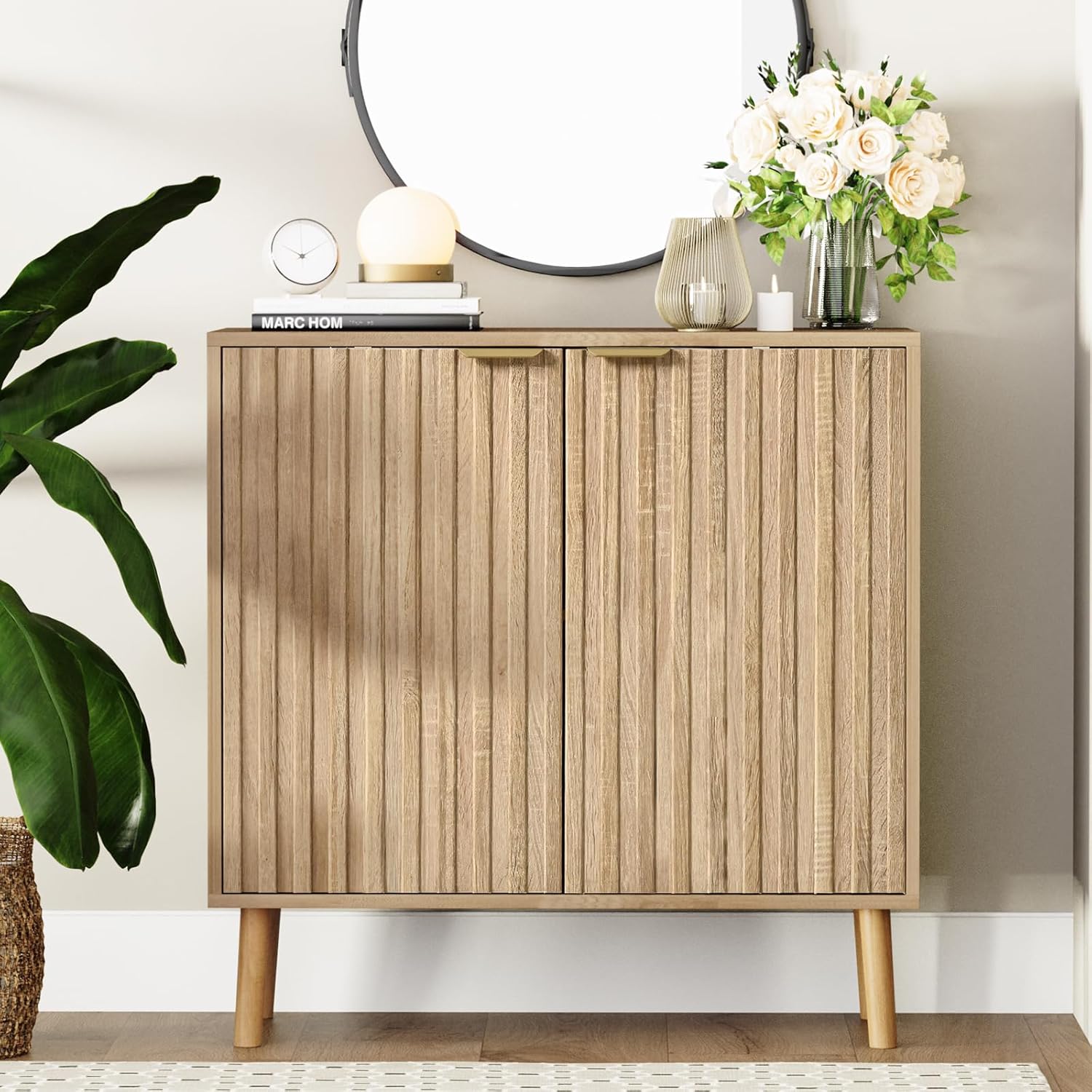 Vrullu Fluted Storage Cabinet, Freestanding Buffet Cabinet with Adjustable Shelf, Wood Sideboard, Multifunctional Accent Storage for Living Room, Hallway, Entryway, Dining Room (1, Oak)