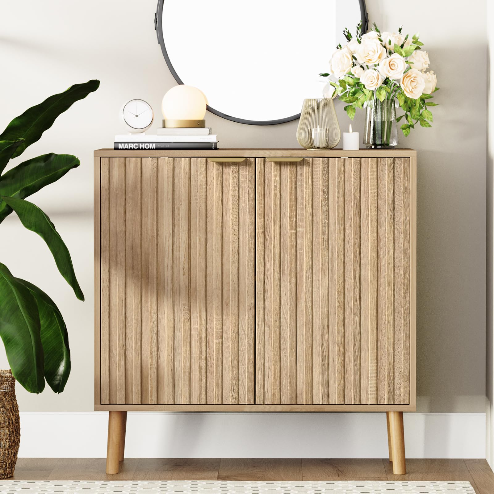 Vrullu Fluted Storage Cabinet, Freestanding Buffet Cabinet with Adjustable Shelf, Wood Sideboard, Multifunctional Accent Storage for Living Room, Hallway, Entryway, Dining Room (1, Oak)
