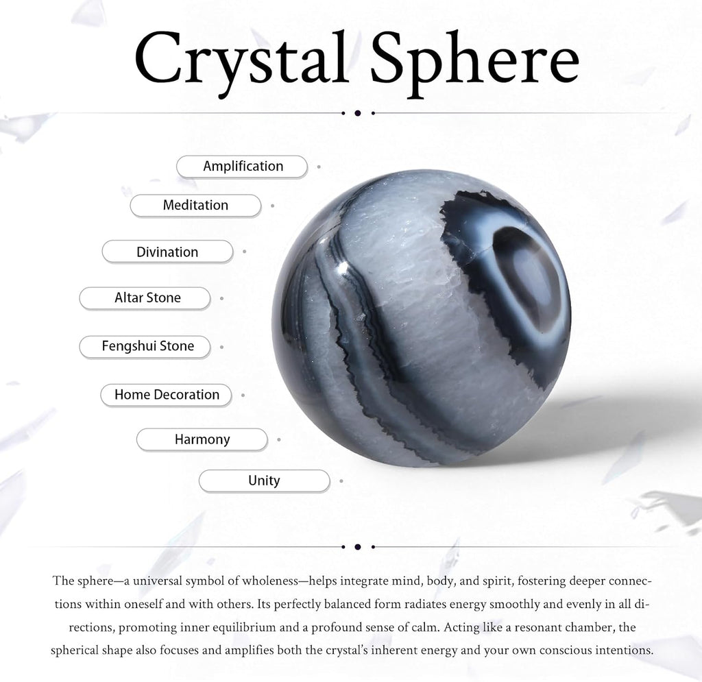 Sportmusies Natural Stripes Black Agate Stone Sphere with Acrylic Stand, Polished Crystal Ball Decoration for Home & Office, 2.36-2.76 inches