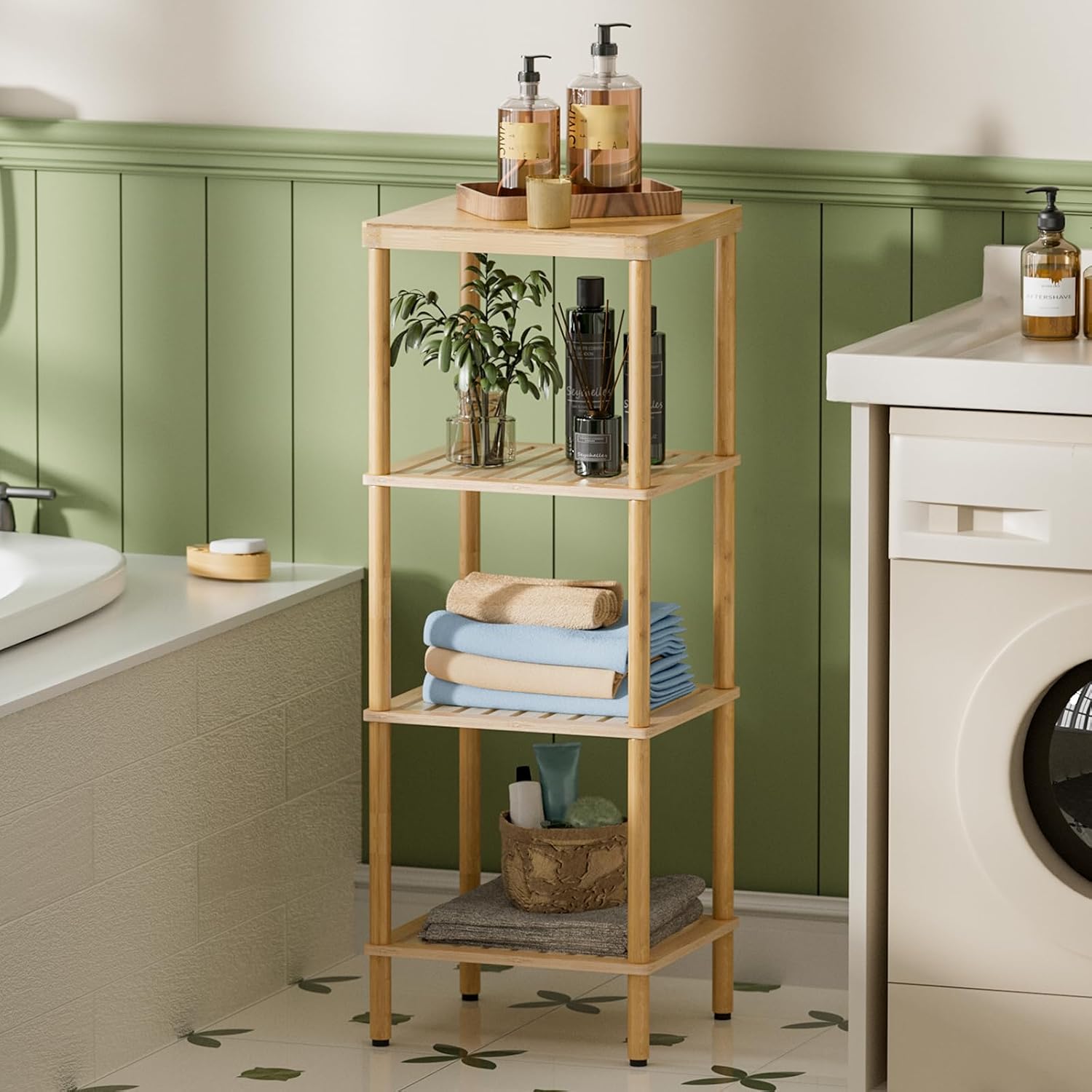 AmazerBath Bamboo Bathroom Shelf, 4-Tier Bathroom Storage Shelf, Multifunctional Storage Rack for Living Room Bedroom Kitchen, Space Saver