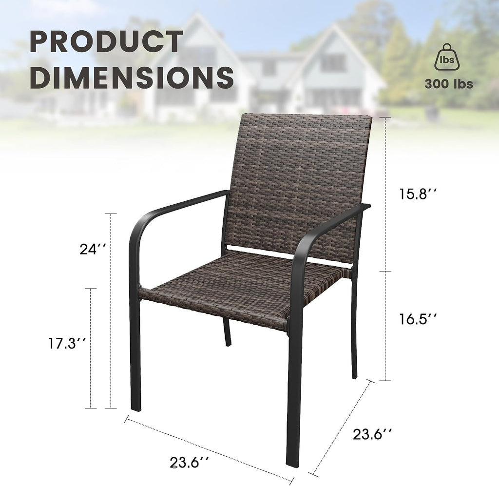 Patio Dining Chair Set of 2, Stackable Outdoor Wicker Chairs with Curved Armrest for Front Porch, Garden, Backyard, Walnut