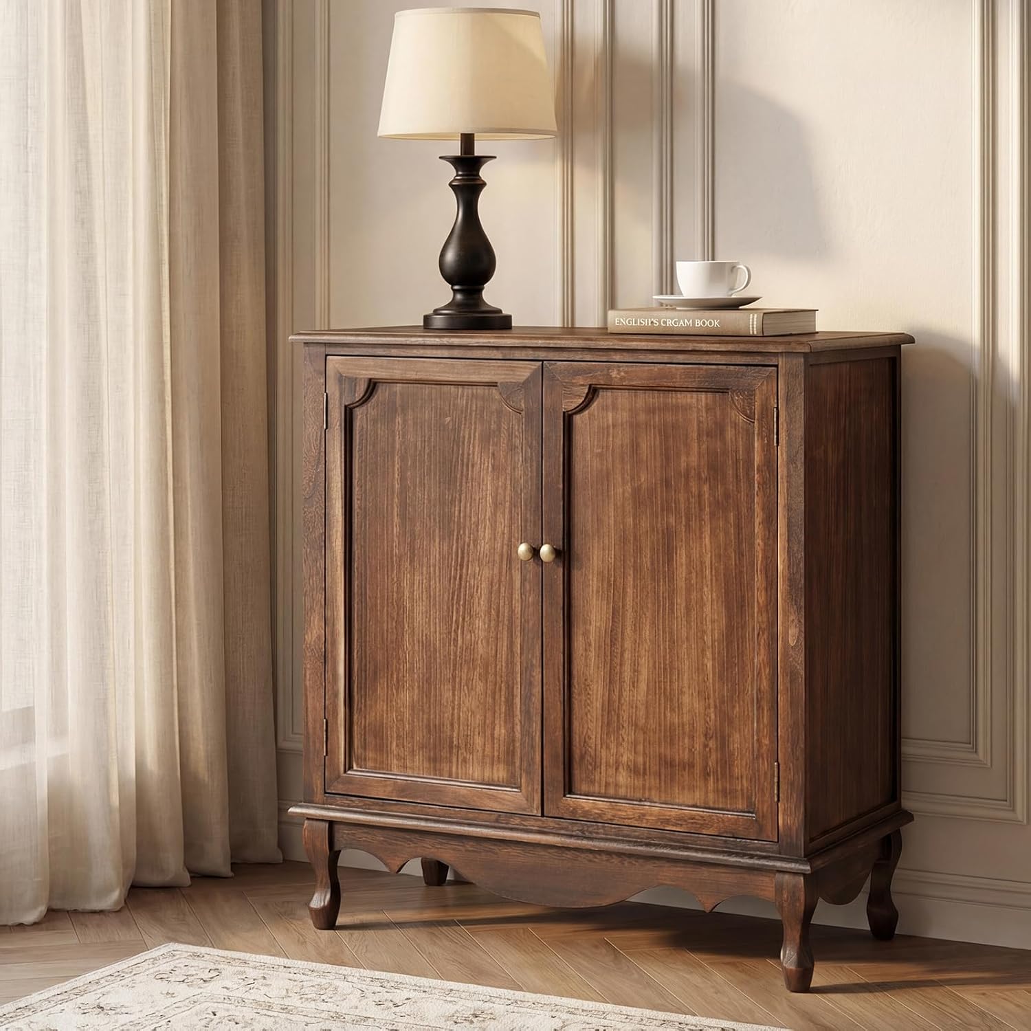 Solid Wood Sideboard with Adjustable Feet, 2 Shelves Storage Accent Cabinet with Double Doors, Farmhouse Buffet for Living Room, Dining Room & Entryway, Walnut