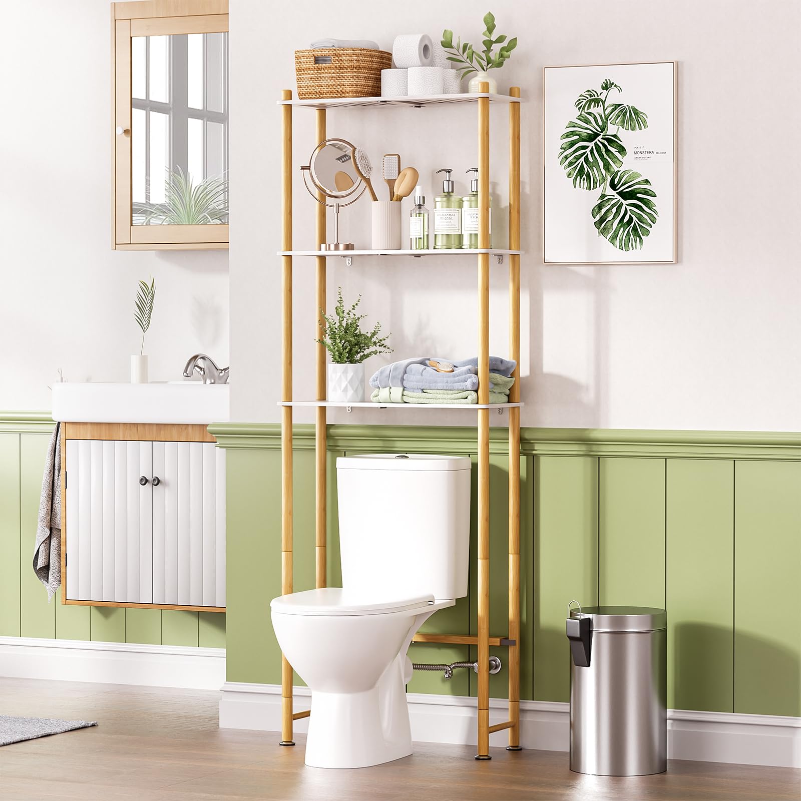 AmazerBath Bamboo Over The Toilet Storage Shelf, 2-Tier Over Toilet Organizer Rack, Freestanding Above Toilet Shelf for Bathroom, Laundry, Space Saver, Natural Color