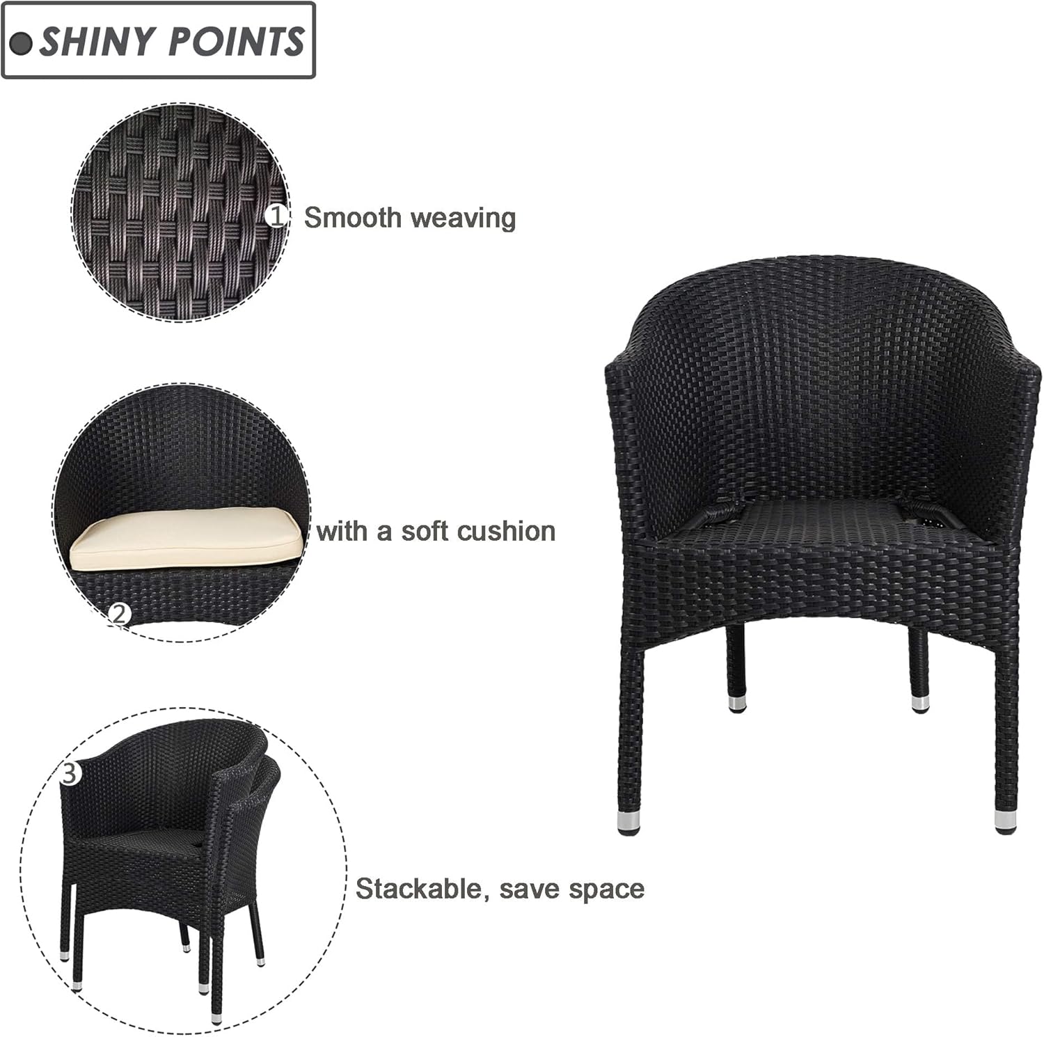 LUCKYERMORE Wicker Chair Patio Dining Chairs Outdoor Garden Lawn Wicker with Soft Cushion,Wicker Arm Chairs,Rattan Plastic Chairs,Home Furniture Stackable Rattan Dining Chair,Black