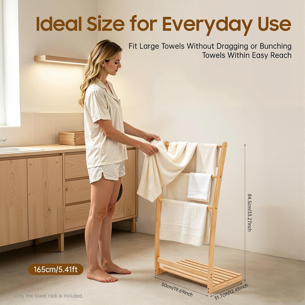 40 Bamboo 3 Tier Towel Rack Quilt Rack Stand or Blanket Rack Extra Tall freestanding Solid Wood Towel Rack with Bottom Storage Shelf for Living Room or Bedroom
