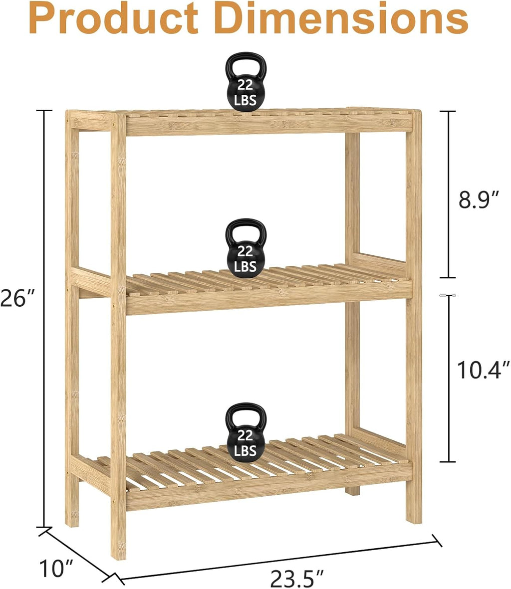 kinbor Bamboo Rack Multifunctional Bathroom Kitchen Living Room Holder Plant Flower Stand Utility Storage Shelf (3-Tier)