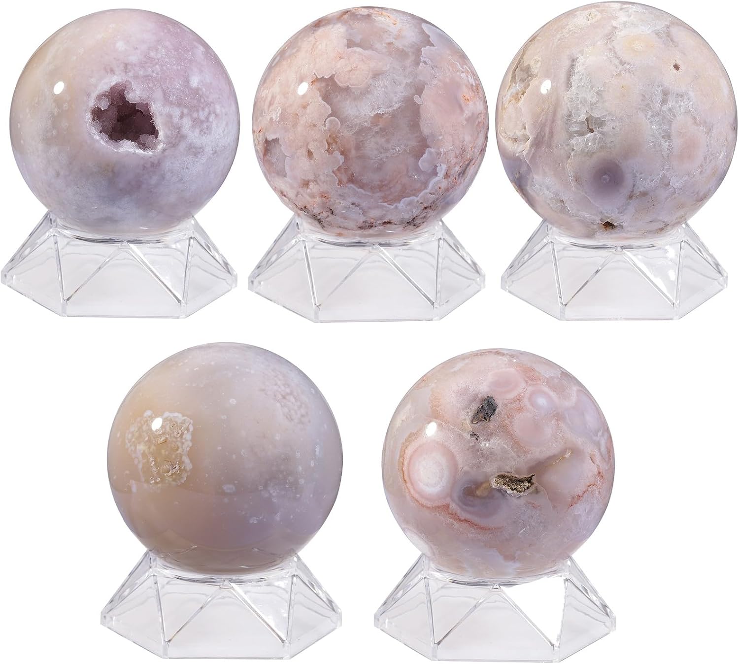 Sportmusies Natural Cherry Blossom Agate Stone Sphere with Acrylic Stand, Polished Crystal Ball Decoration for Home & Office, 2.76-3.15 inches