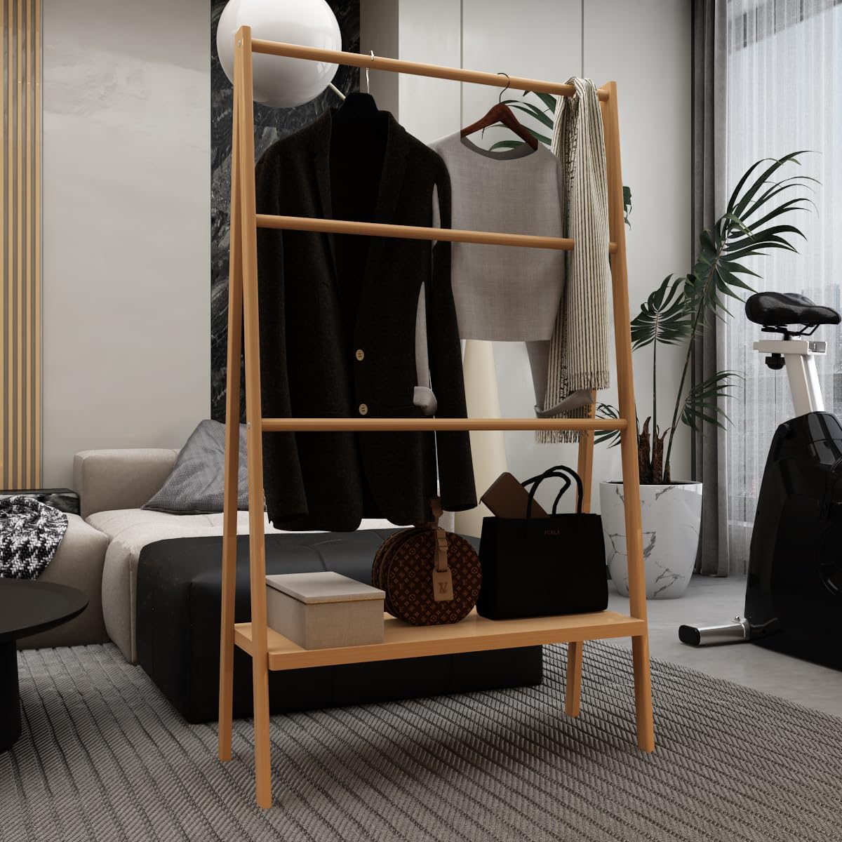 Handcrafted Bamboo Trapezoid Towel Rack with Storage Shelf - Indoor & Outdoor Use