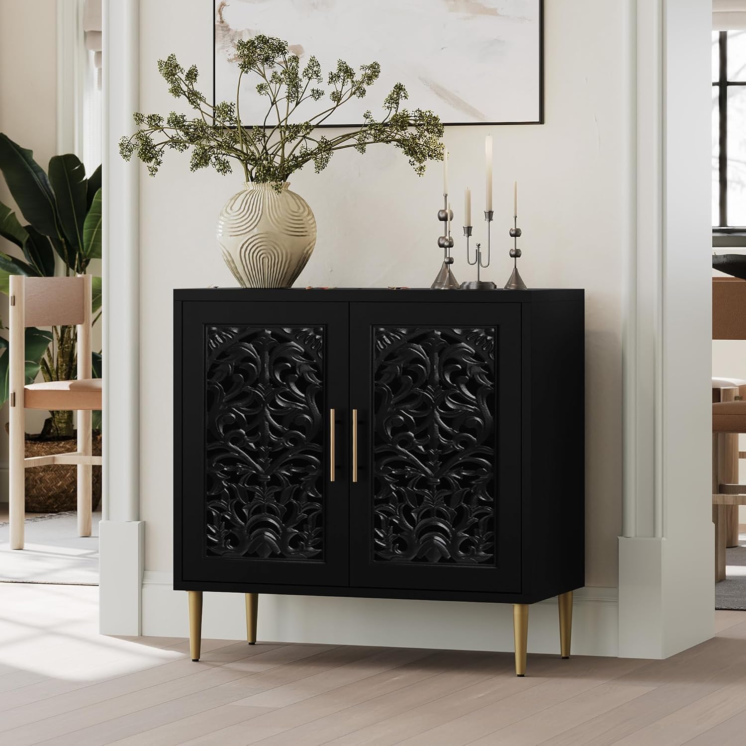 ARTPOWER Accent Cabinet with 2 Doors, Vintage Hollow Carving Buffet Cabinet, Sideboards and Buffets with Storage, Credenza for Living Room, Kitchen, Dining Room, Entryway, Hallway, Walnut