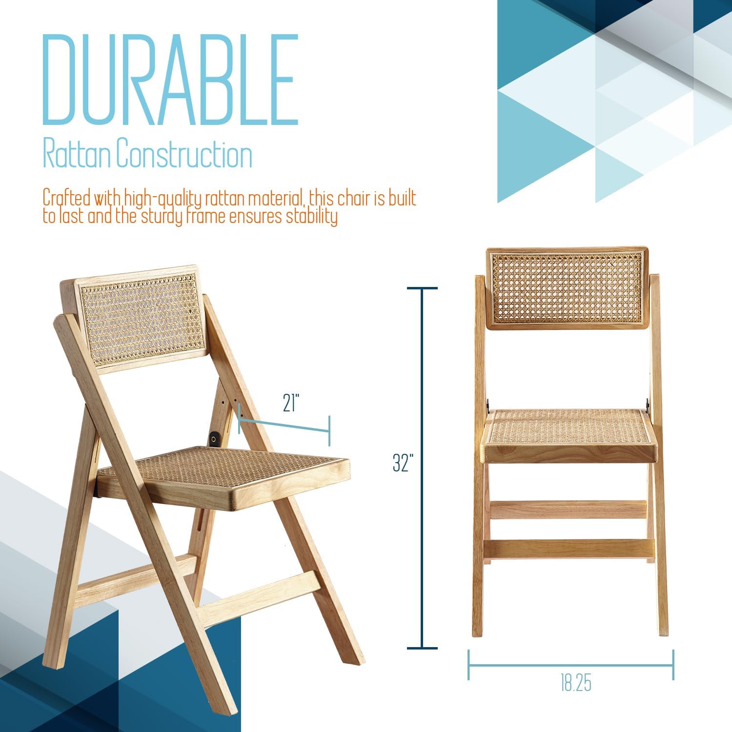 Ibiza Rattan Chair, Natural, Set of 1 – Folding Modern Rattan Chairs for Outdoor Dining, Patio, Accent Chair for Living Room and Office, Foldable Space-Saver Design