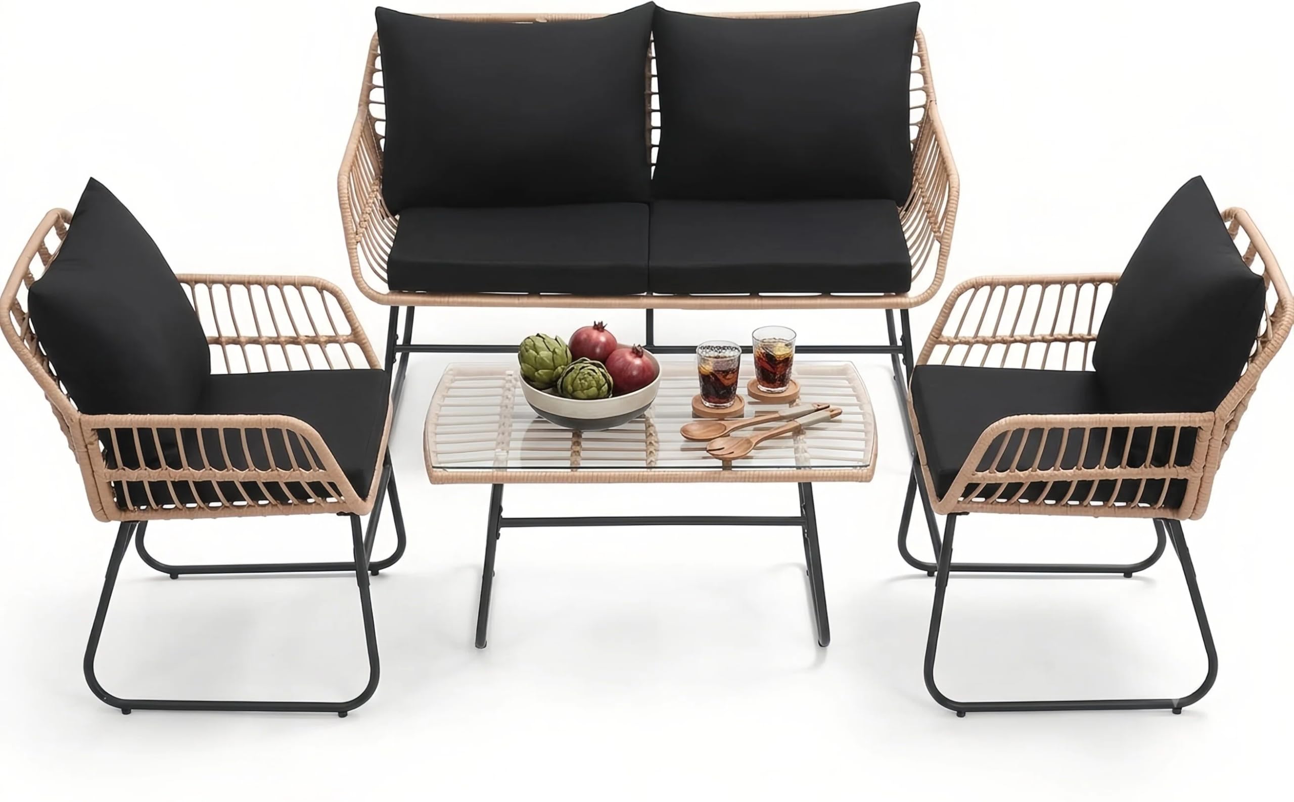 KROFEM 3 Piece Wicker Patio Bistro Furniture Set, Includes 2 Rattan Chairs and Glass Top Table, Ideal for Porch, Outdoor, Backyard, Apartment, Balcony, Natural