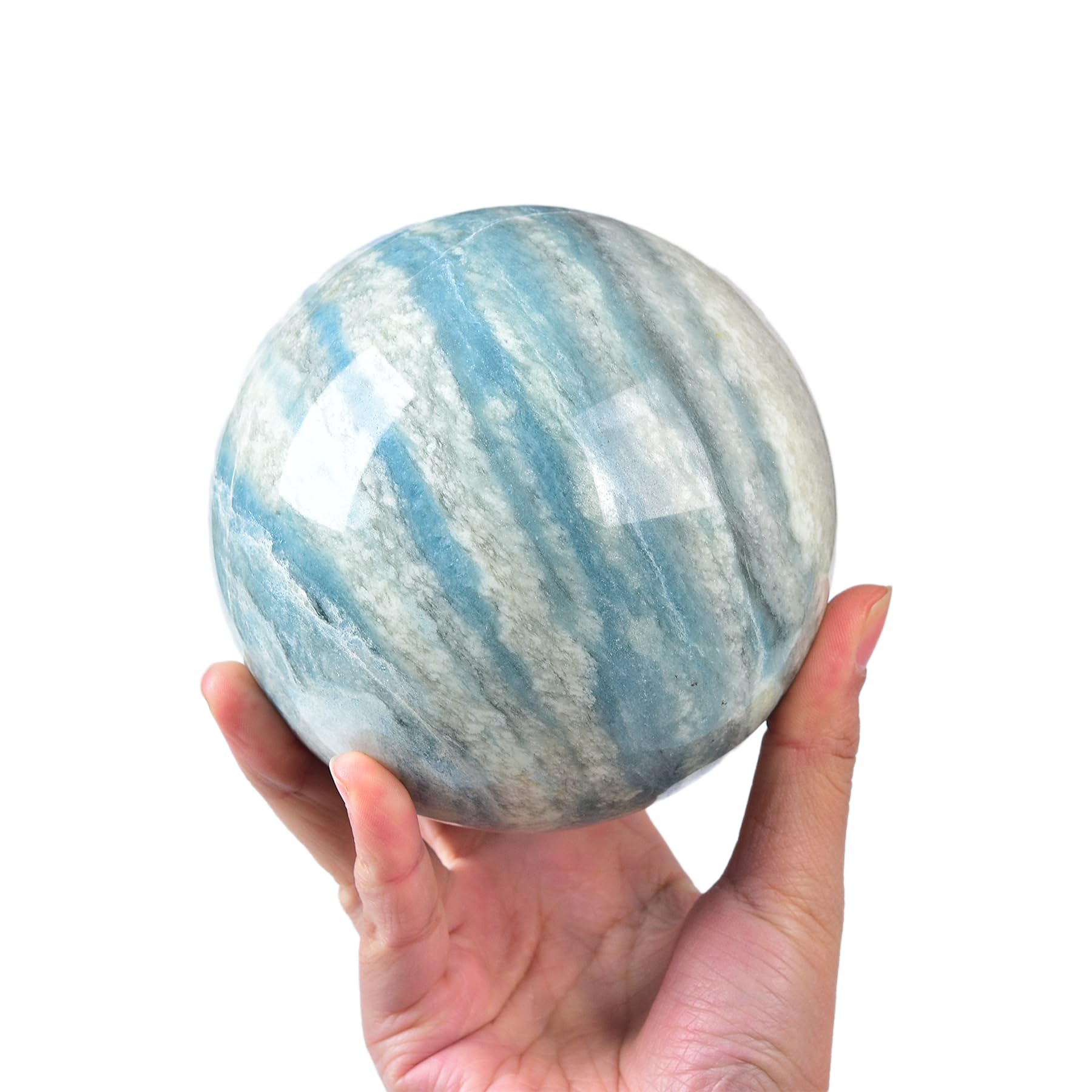JIC Gem Natural Amazonite Crystal Sphere with Wood Stand Gemstone Sphere,Polished Healing Energy Mineral Gemstone Balls for Reiki Chakra Decoration Fengshui (60-70mm)