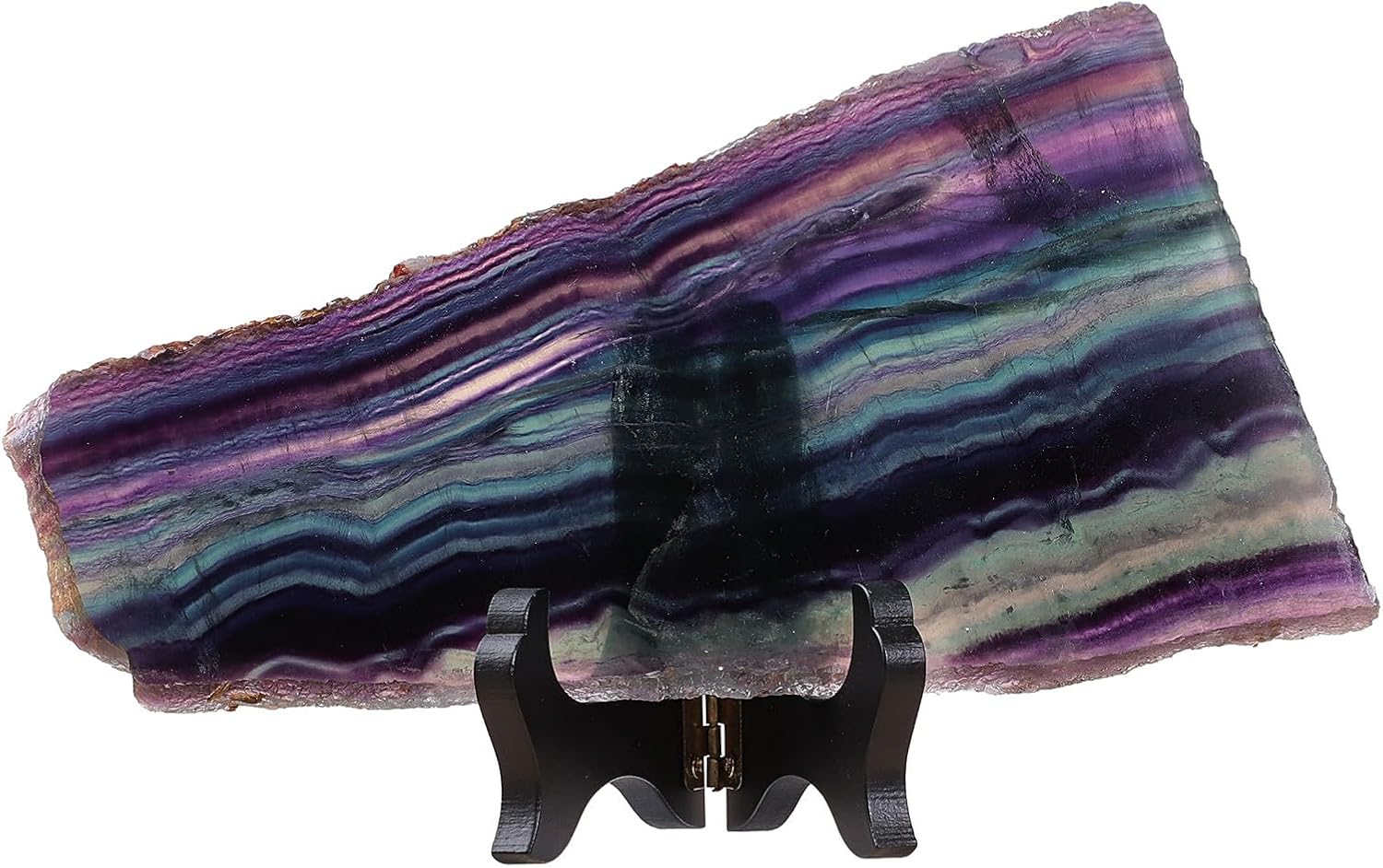 TUMBEELLUWA Irregular Rainbow Fluorite Slab Crystal Stone Collection for Desk Table Decor, Natural Crystal Mineral Specimen with Wooden Display Stand