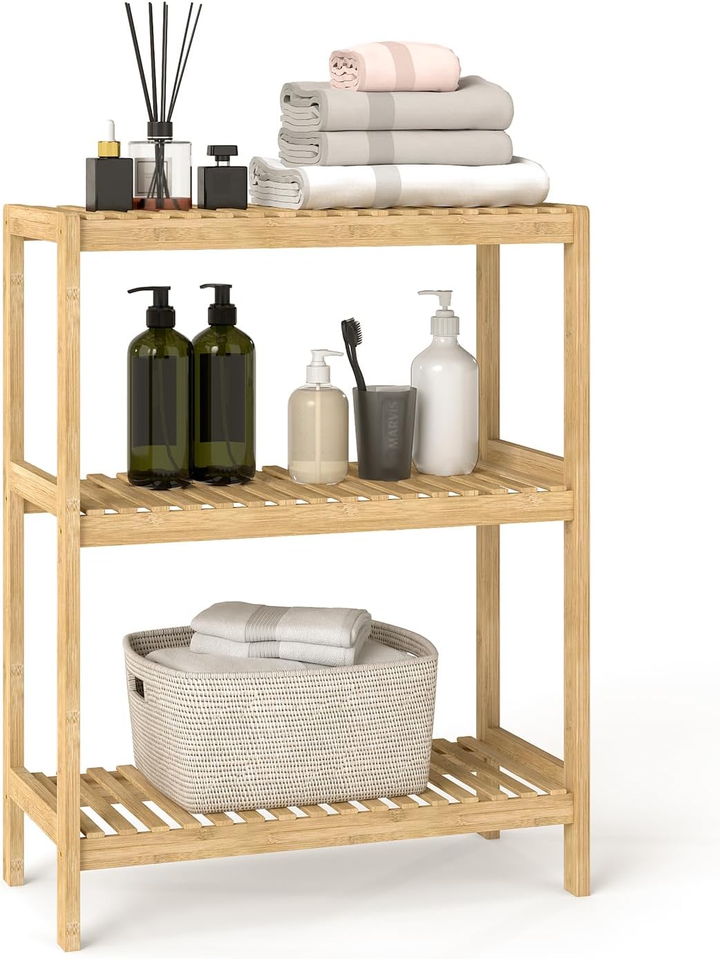 kinbor Bamboo Rack Multifunctional Bathroom Kitchen Living Room Holder Plant Flower Stand Utility Storage Shelf (3-Tier)