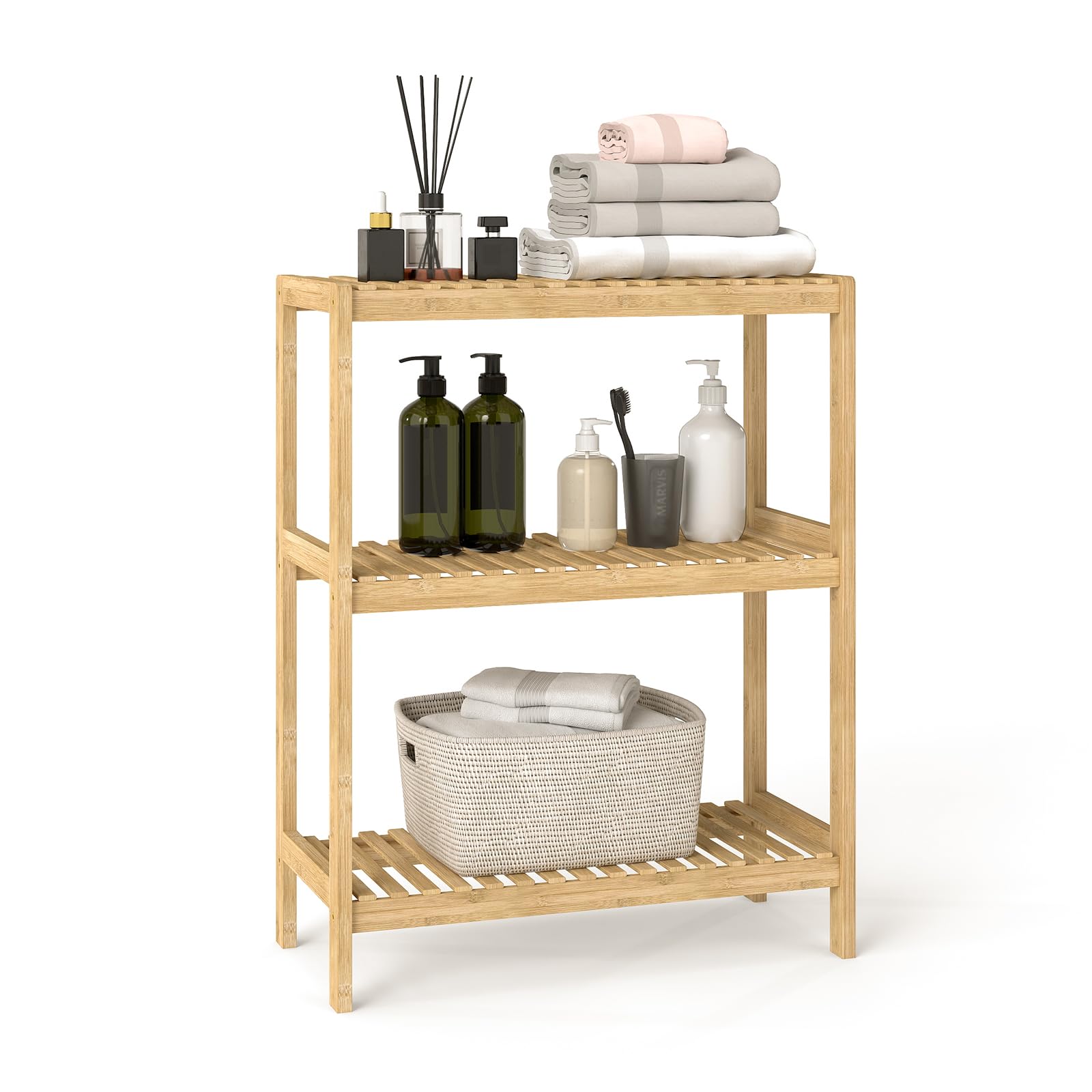 kinbor Bamboo Rack Multifunctional Bathroom Kitchen Living Room Holder Plant Flower Stand Utility Storage Shelf (3-Tier)