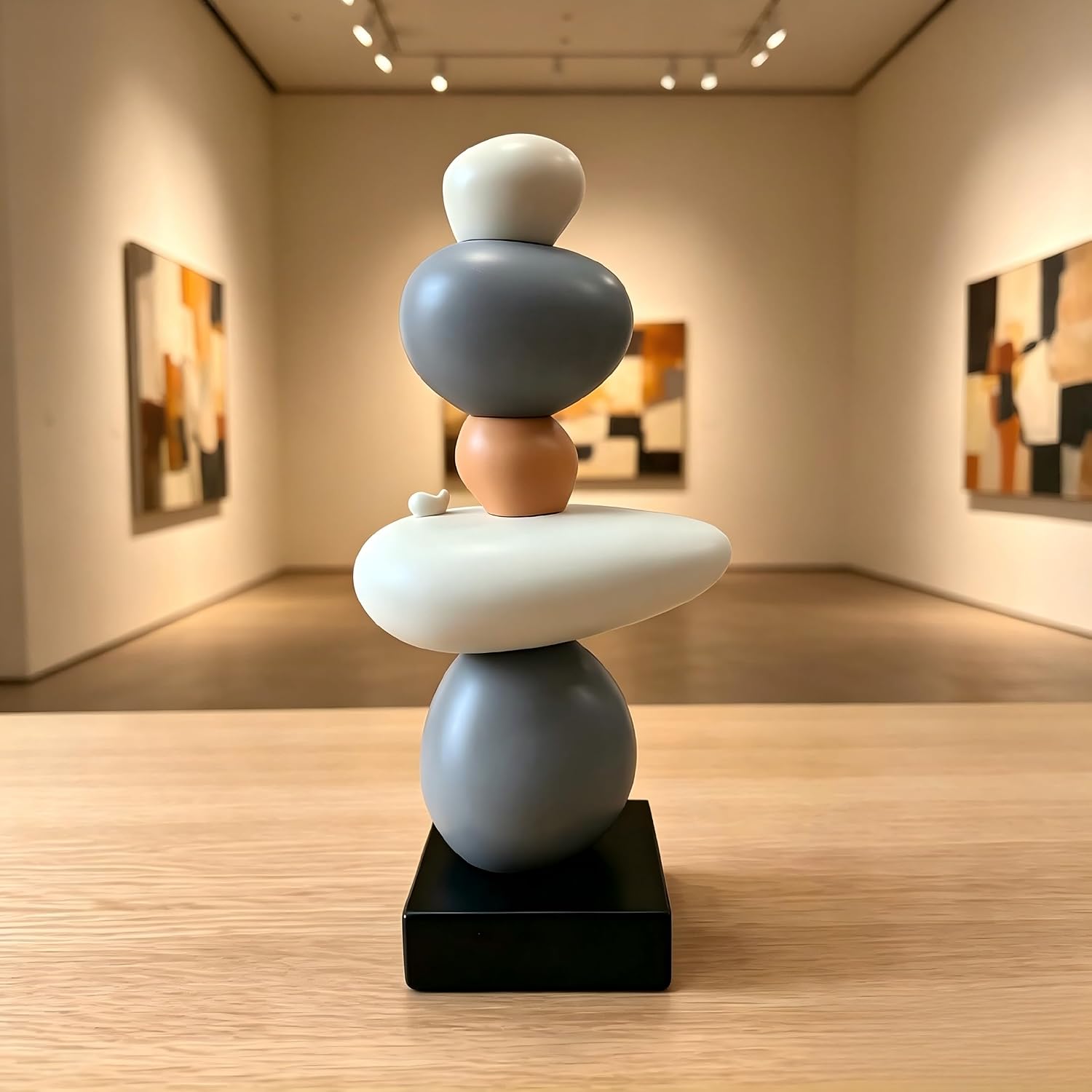 Zen Stacked Stones Sculpture, 12.6” Resin Balance Rock Statue for Modern Home Decor, Minimalist Abstract Stone Figurine for Living Room Shelf Desk Office, Neutral Color Decorative Art Ornament