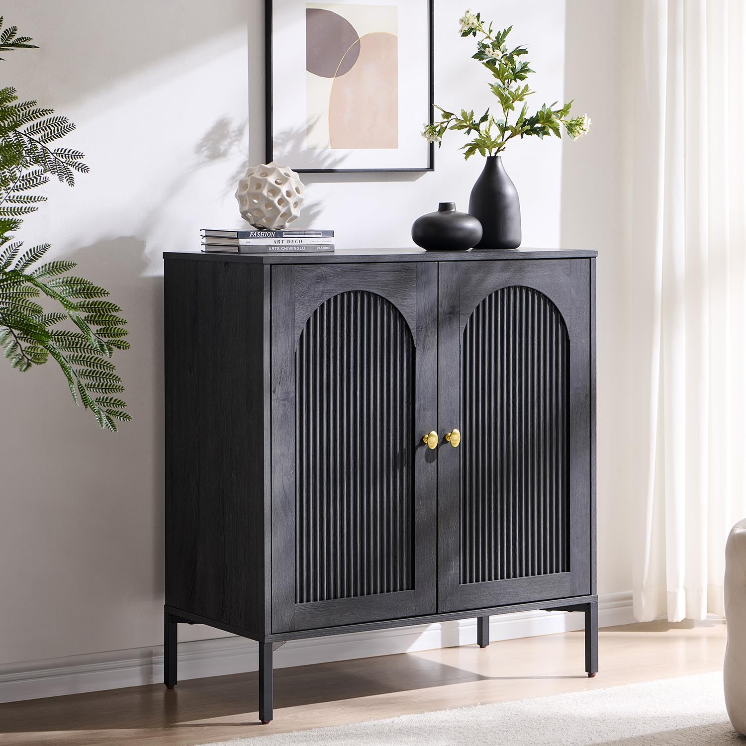 IFBUY Modern Sideboard Buffet Cabinet, 34" Tall Fluted Arched Buffet Cabinet with Storage and Adjustable Shelves, Wooden Modular Coffee Bar Cabinets for Kitchen, Entryway, Natural