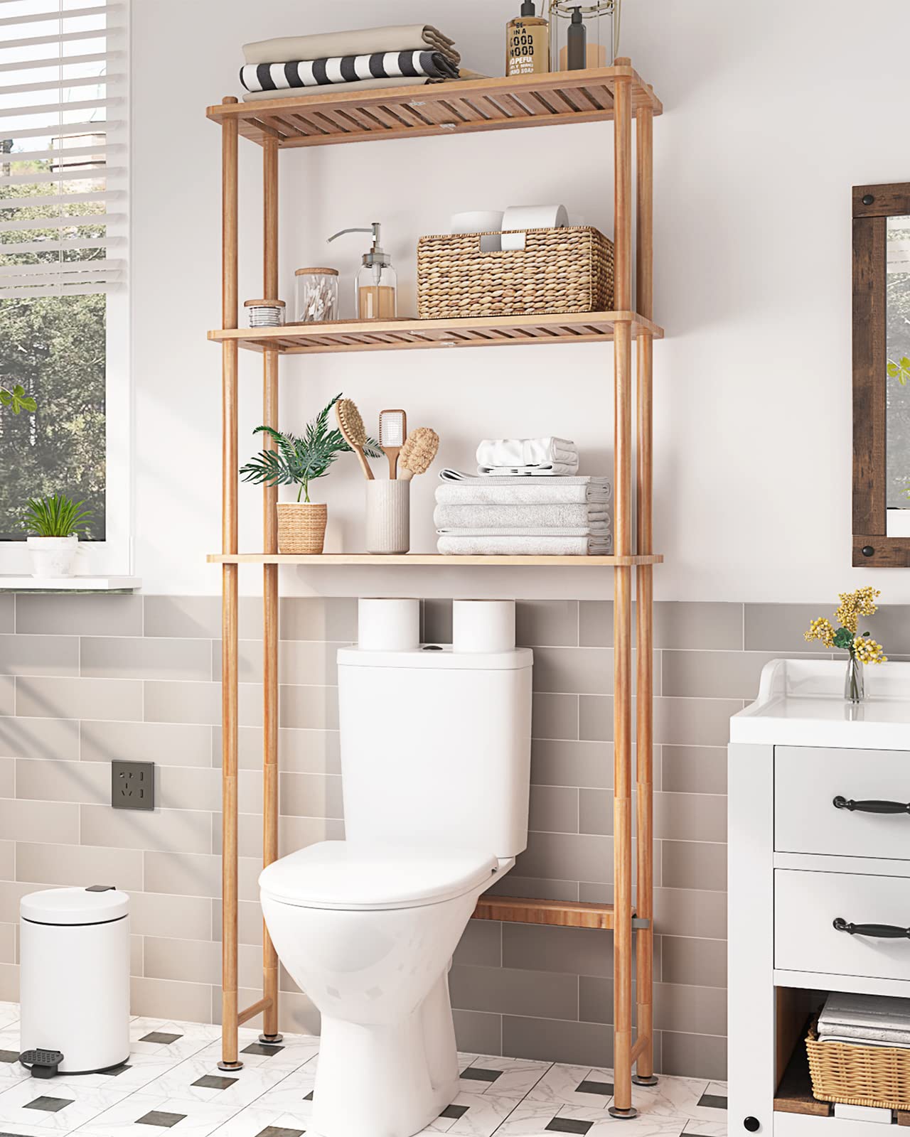 AmazerBath Bamboo Over The Toilet Storage Shelf, 2-Tier Over Toilet Organizer Rack, Freestanding Above Toilet Shelf for Bathroom, Laundry, Space Saver, Natural Color