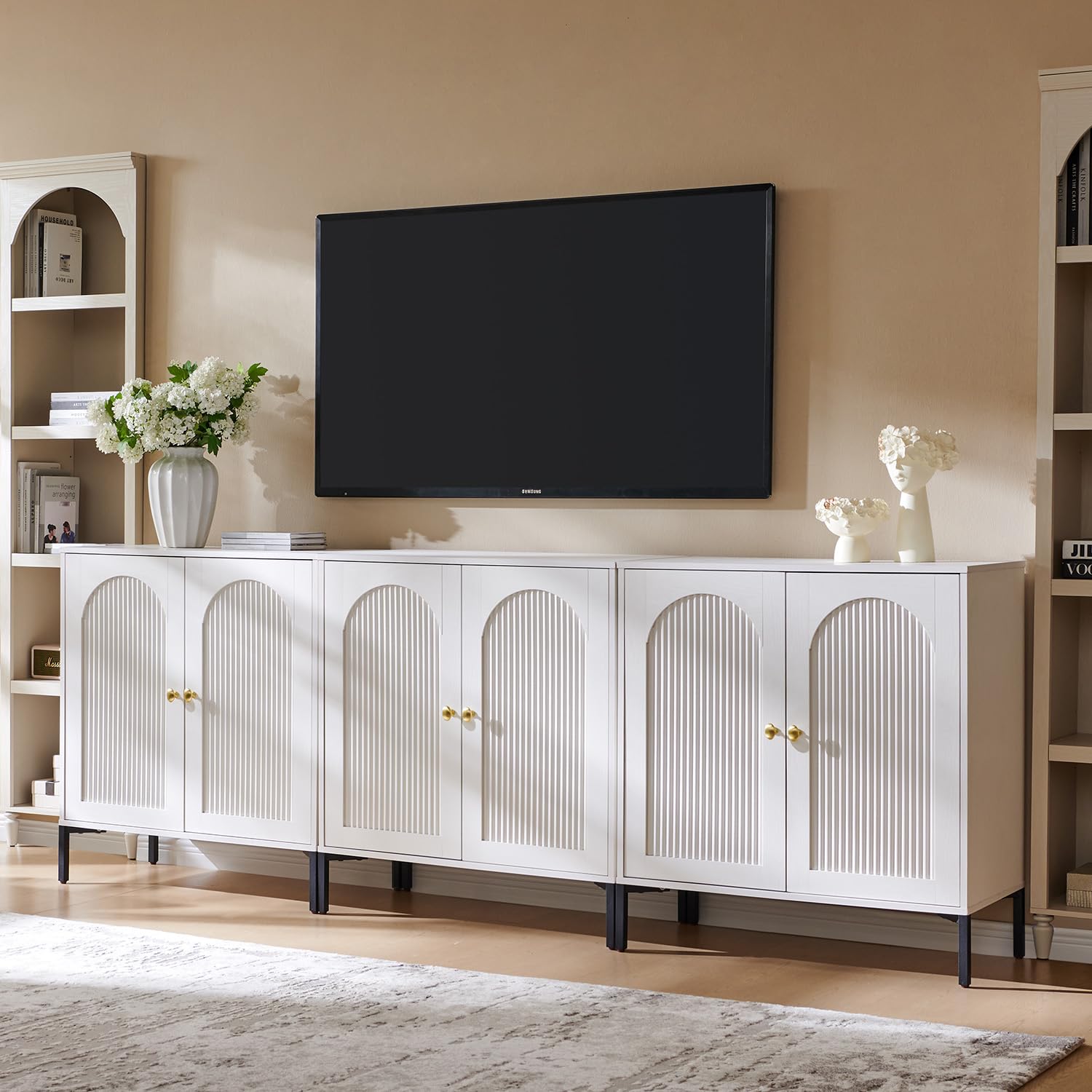 IFBUY Modern Sideboard Buffet Cabinet, 34" Tall Fluted Arched Buffet Cabinet with Storage and Adjustable Shelves, Wooden Modular Coffee Bar Cabinets for Kitchen, Entryway, Natural