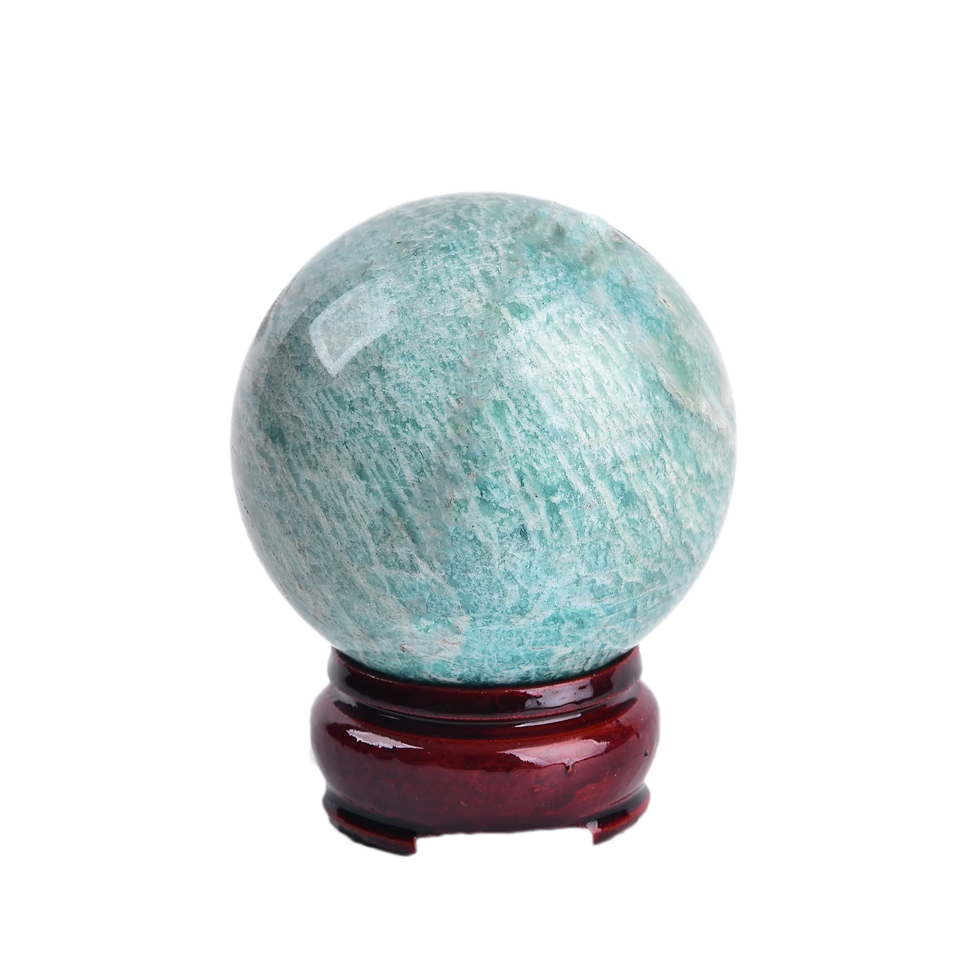 JIC Gem Natural Amazonite Crystal Sphere with Wood Stand Gemstone Sphere,Polished Healing Energy Mineral Gemstone Balls for Reiki Chakra Decoration Fengshui (60-70mm)