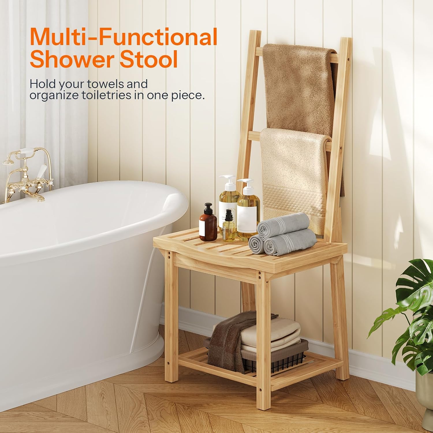 HOOBRO Freestanding Towel Rack for Bathroom, Bamboo Blanket Rack, Quilt Display Stand with Storage Shelf, Towel Rack for Living Room, Bedroom, Decorative Display Ladder Shelf, Natural YL101CJ01