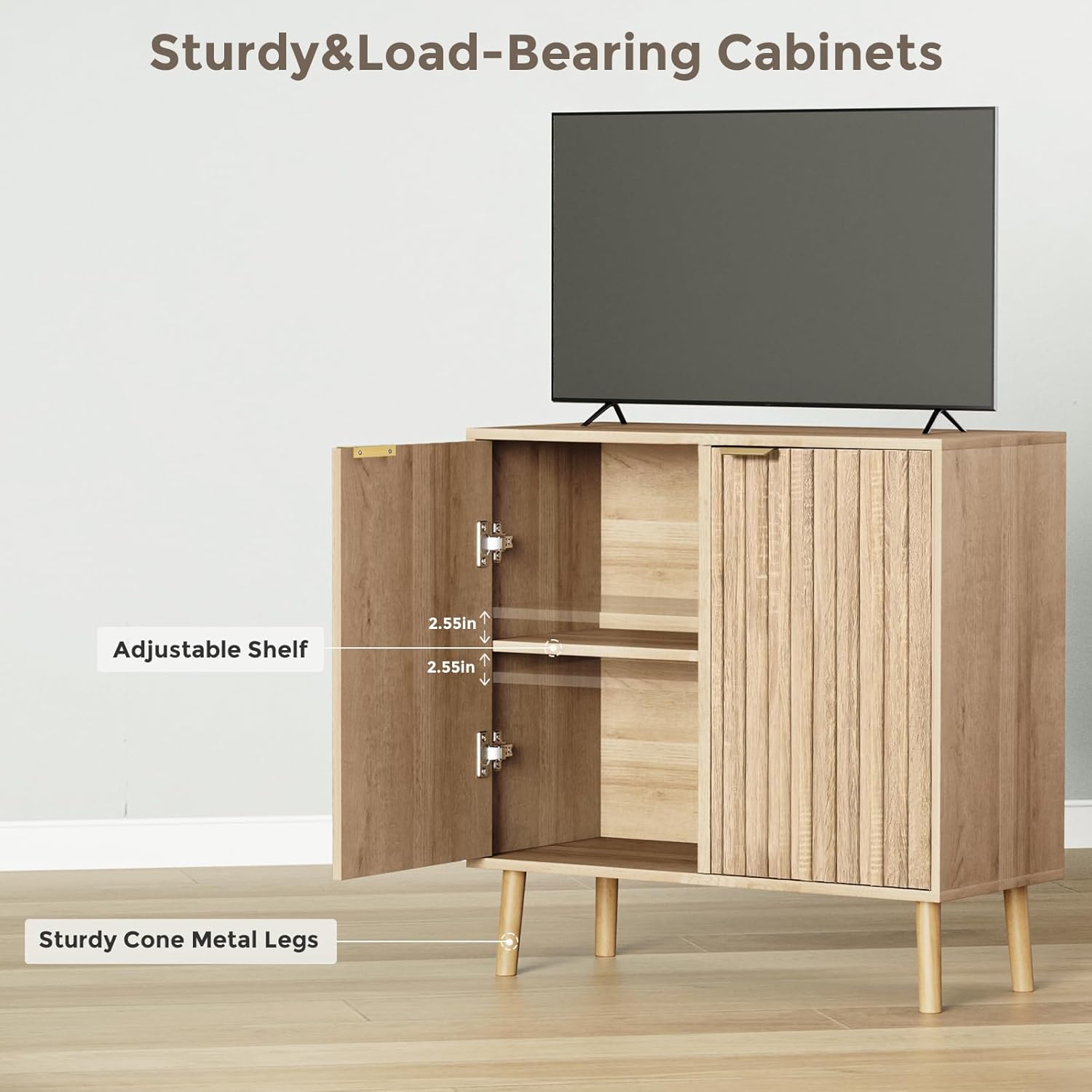 Vrullu Fluted Storage Cabinet, Freestanding Buffet Cabinet with Adjustable Shelf, Wood Sideboard, Multifunctional Accent Storage for Living Room, Hallway, Entryway, Dining Room (1, Oak)