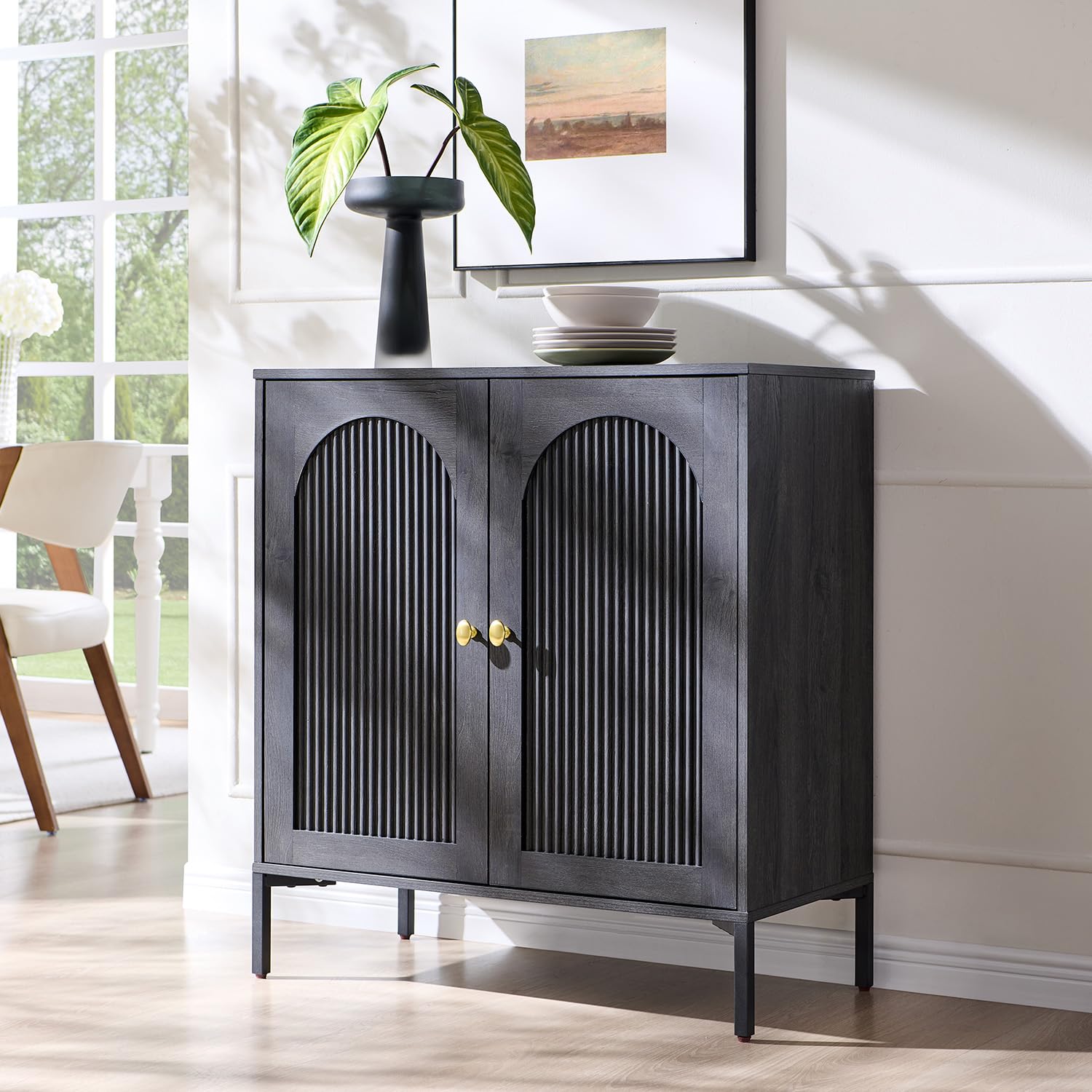 IFGET Modern Buffet Cabinet with Storage, 34" Tall Fluted Arched Sideboard Cabinet w/Adjustable Shelves, Wooden Modular Coffee Bar for Dining Room, Kitchen, Living Room, Entryway, Natural
