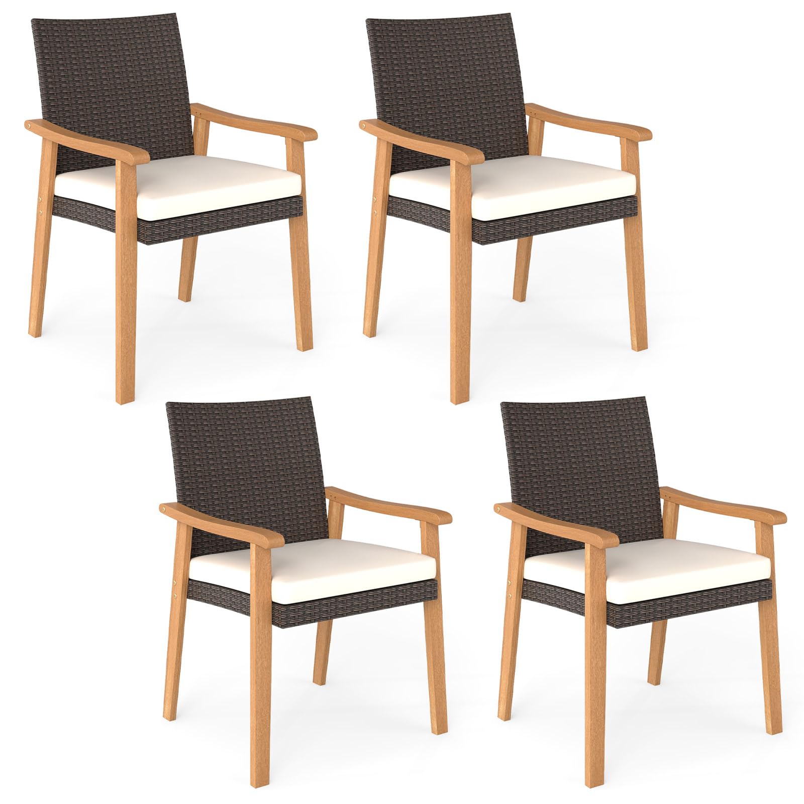 Tangkula Wicker Patio Dining Chair Set of 2, PE Rattan Outdoor Dinner Chairs with Removable Cushion, Acacia Wood Armrests & Legs, Outside Chairs for Backyard, Poolside, Porch, Yard, Balcony