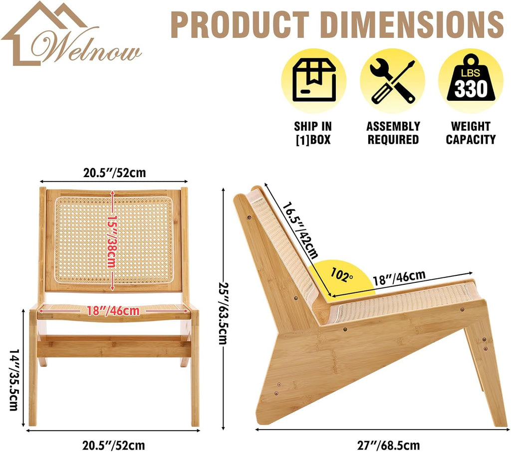 Welnow Mid Century Rattan Accent Chair, Bamboo Wood Lounge Chair with Woven Cane Backrest, Low Armchair for Living Room, Bedroom, Balcony or Reading Corner, Natural