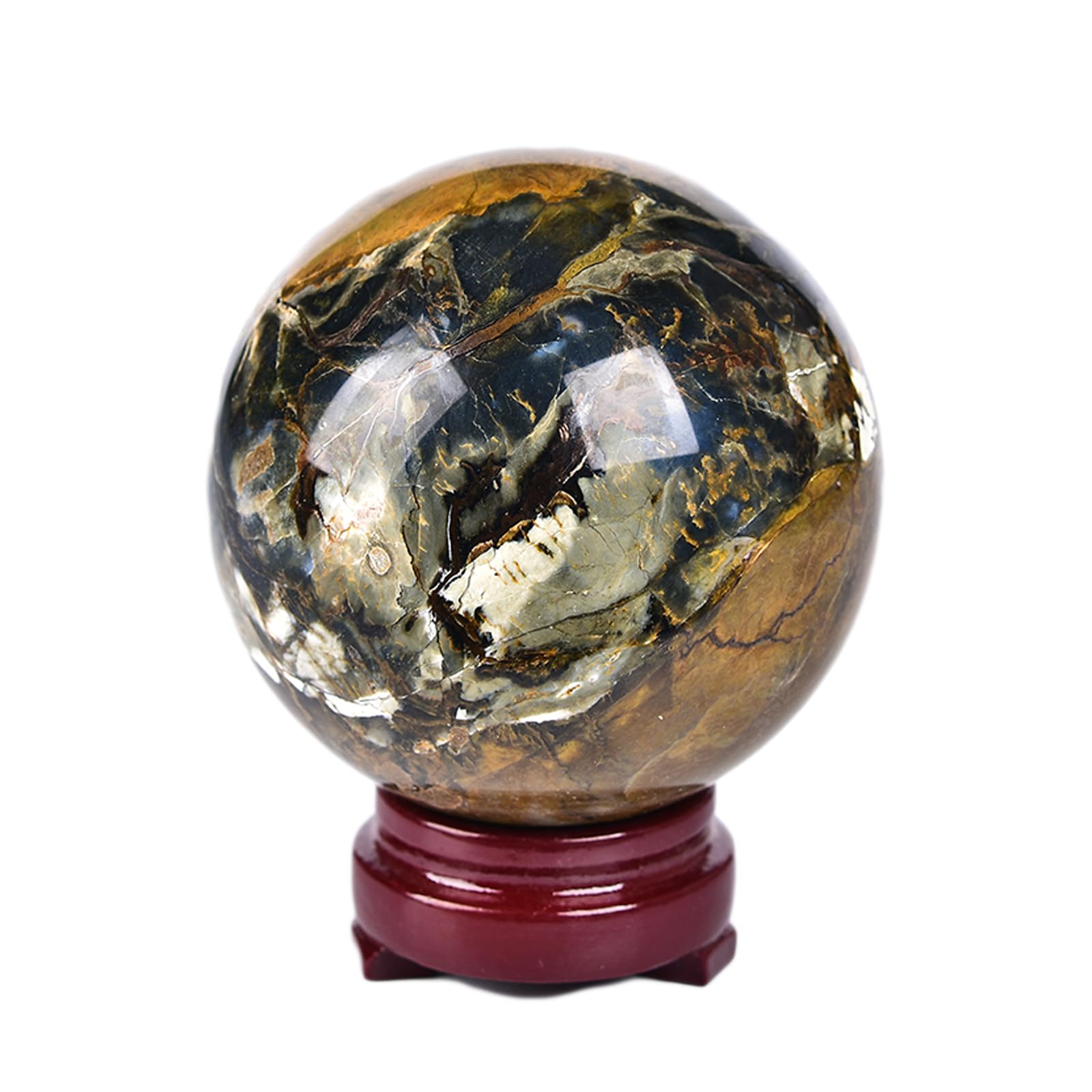 JIC Gem Natural Amazonite Crystal Sphere with Wood Stand Gemstone Sphere,Polished Healing Energy Mineral Gemstone Balls for Reiki Chakra Decoration Fengshui (60-70mm)