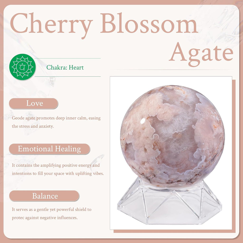 Sportmusies Natural Cherry Blossom Agate Stone Sphere with Acrylic Stand, Polished Crystal Ball Decoration for Home & Office, 2.76-3.15 inches