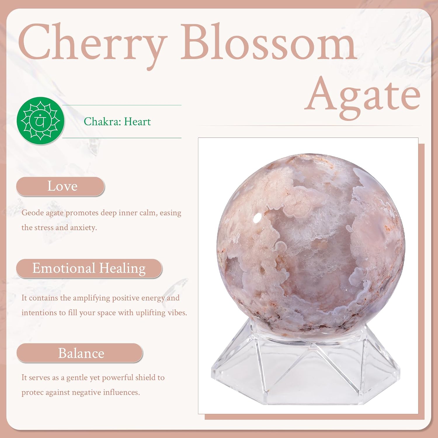 Sportmusies Natural Cherry Blossom Agate Stone Sphere with Acrylic Stand, Polished Crystal Ball Decoration for Home & Office, 2.76-3.15 inches