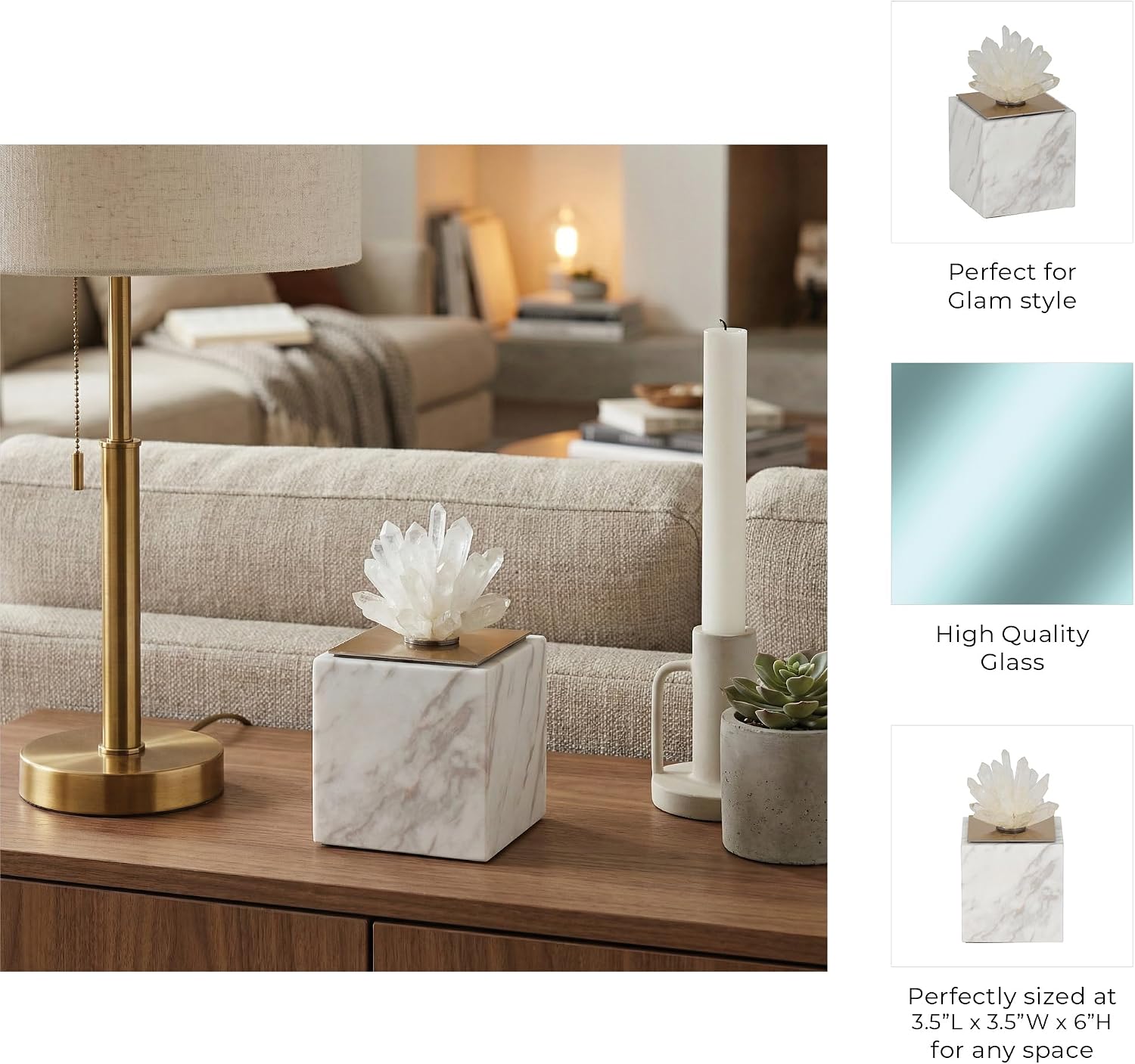Marble Crystal Block Floral Accent Decor for Coffee Table Mantel Shelf