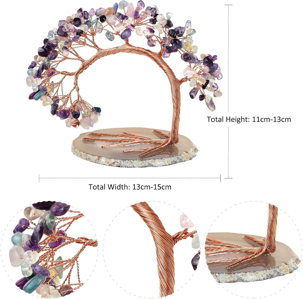 Handmade Fluorite Crystal Tree on Agate Slice Base, Feng Shui Stone Money Tree Bonsai for Home Office Decoration, 4.5"-5.2"