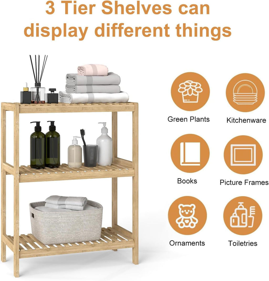 kinbor Bamboo Rack Multifunctional Bathroom Kitchen Living Room Holder Plant Flower Stand Utility Storage Shelf (3-Tier)