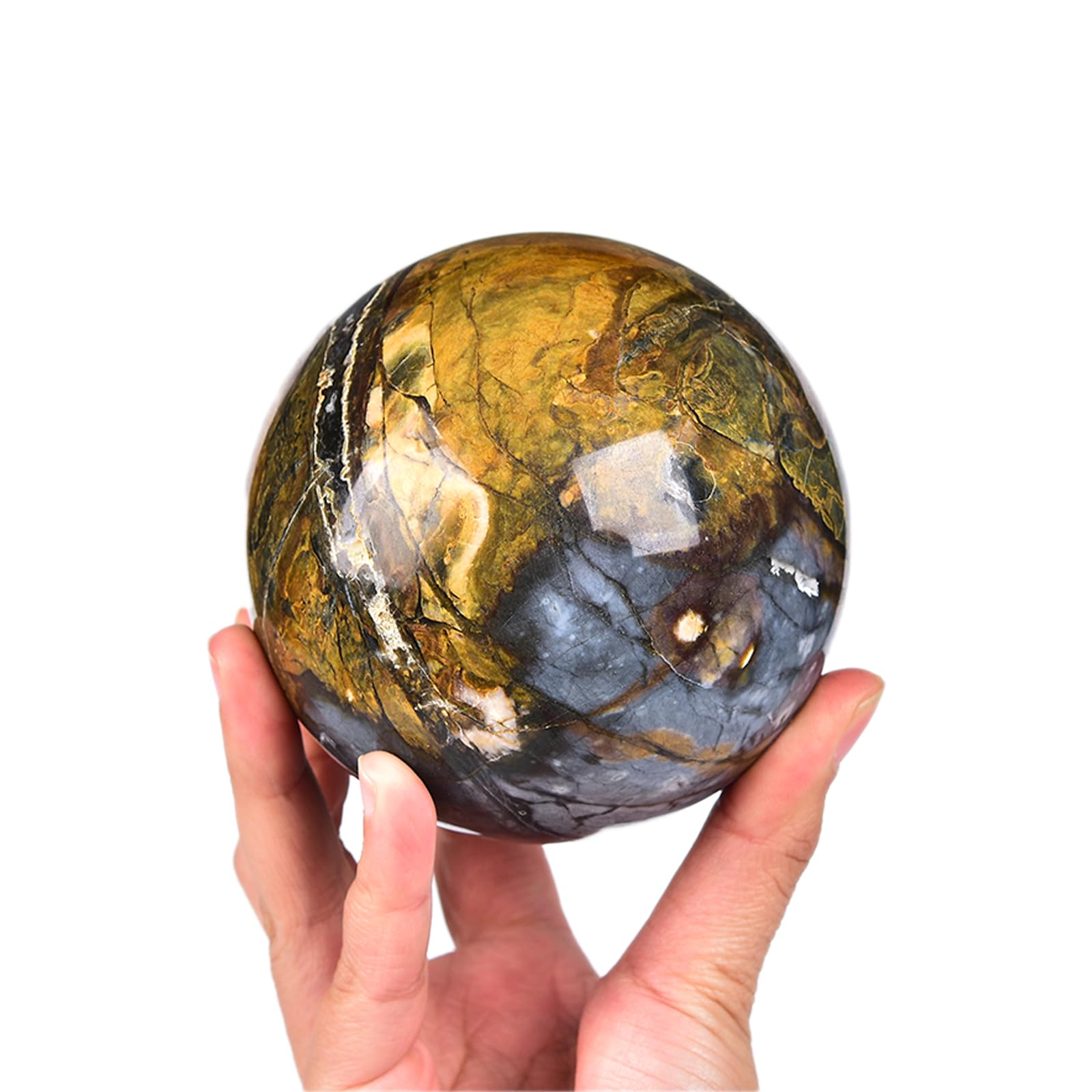 JIC Gem Natural Amazonite Crystal Sphere with Wood Stand Gemstone Sphere,Polished Healing Energy Mineral Gemstone Balls for Reiki Chakra Decoration Fengshui (60-70mm)