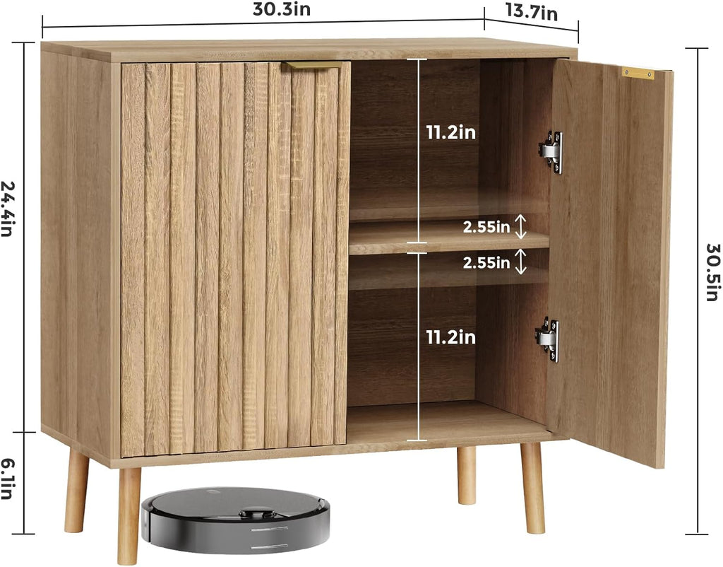 Vrullu Fluted Storage Cabinet, Freestanding Buffet Cabinet with Adjustable Shelf, Wood Sideboard, Multifunctional Accent Storage for Living Room, Hallway, Entryway, Dining Room (1, Oak)