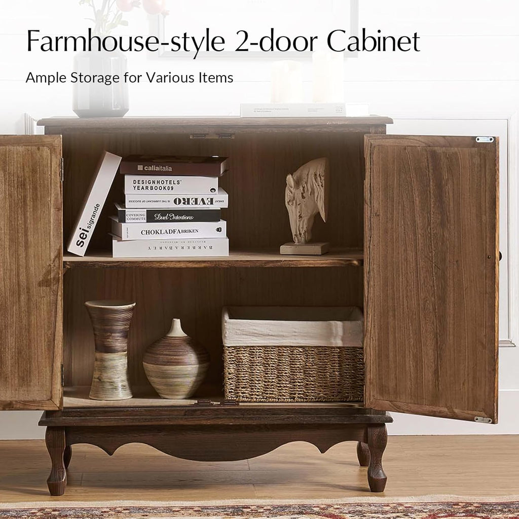 Solid Wood Sideboard with Adjustable Feet, 2 Shelves Storage Accent Cabinet with Double Doors, Farmhouse Buffet for Living Room, Dining Room & Entryway, Walnut