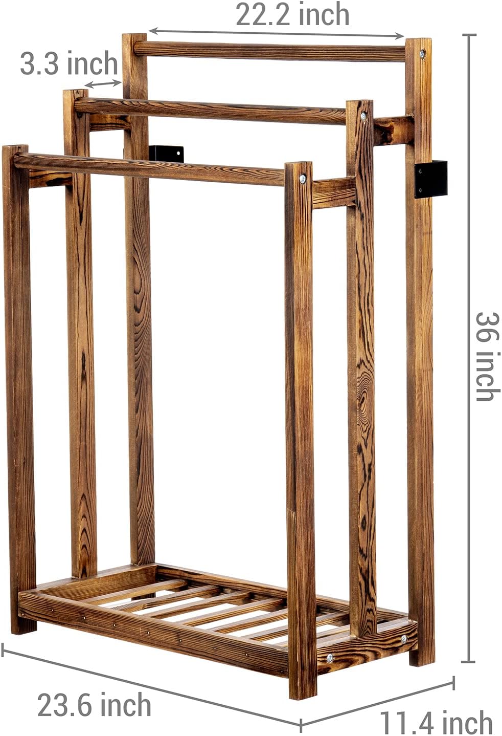 MyGift Free Standing Towel Rack, Wooden 3-Tier Quilt Rack, Bath Towel Drying Stand, Blanket Holder with Bottom Storage Shelf, for Bathroom, Living Room, Rustic Dark Brown