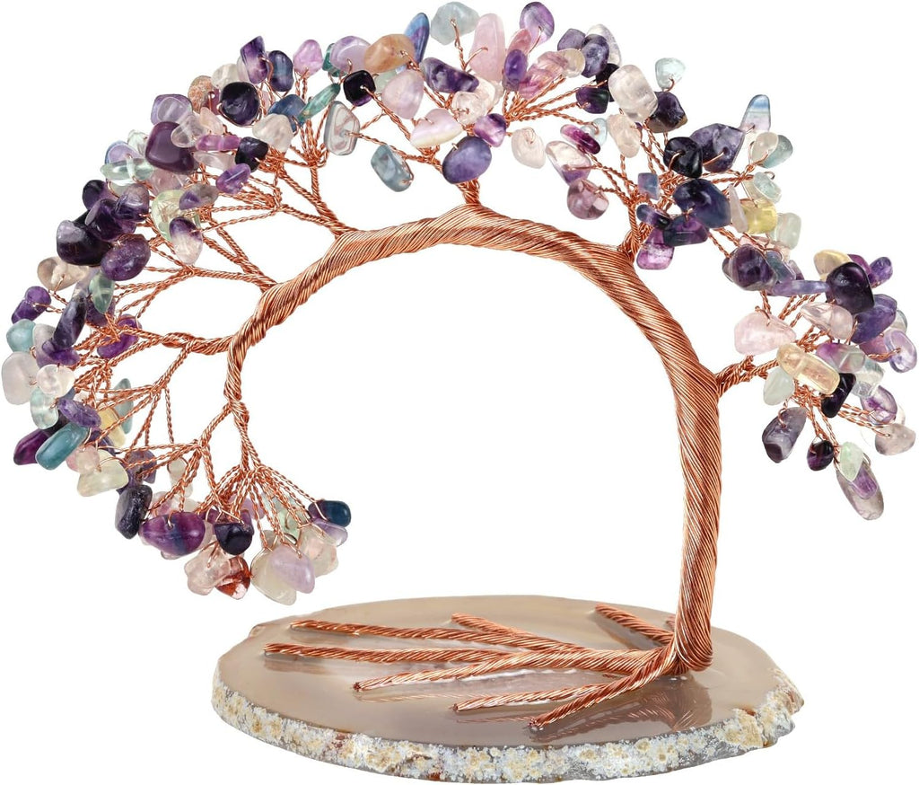 Handmade Fluorite Crystal Tree on Agate Slice Base, Feng Shui Stone Money Tree Bonsai for Home Office Decoration, 4.5"-5.2"