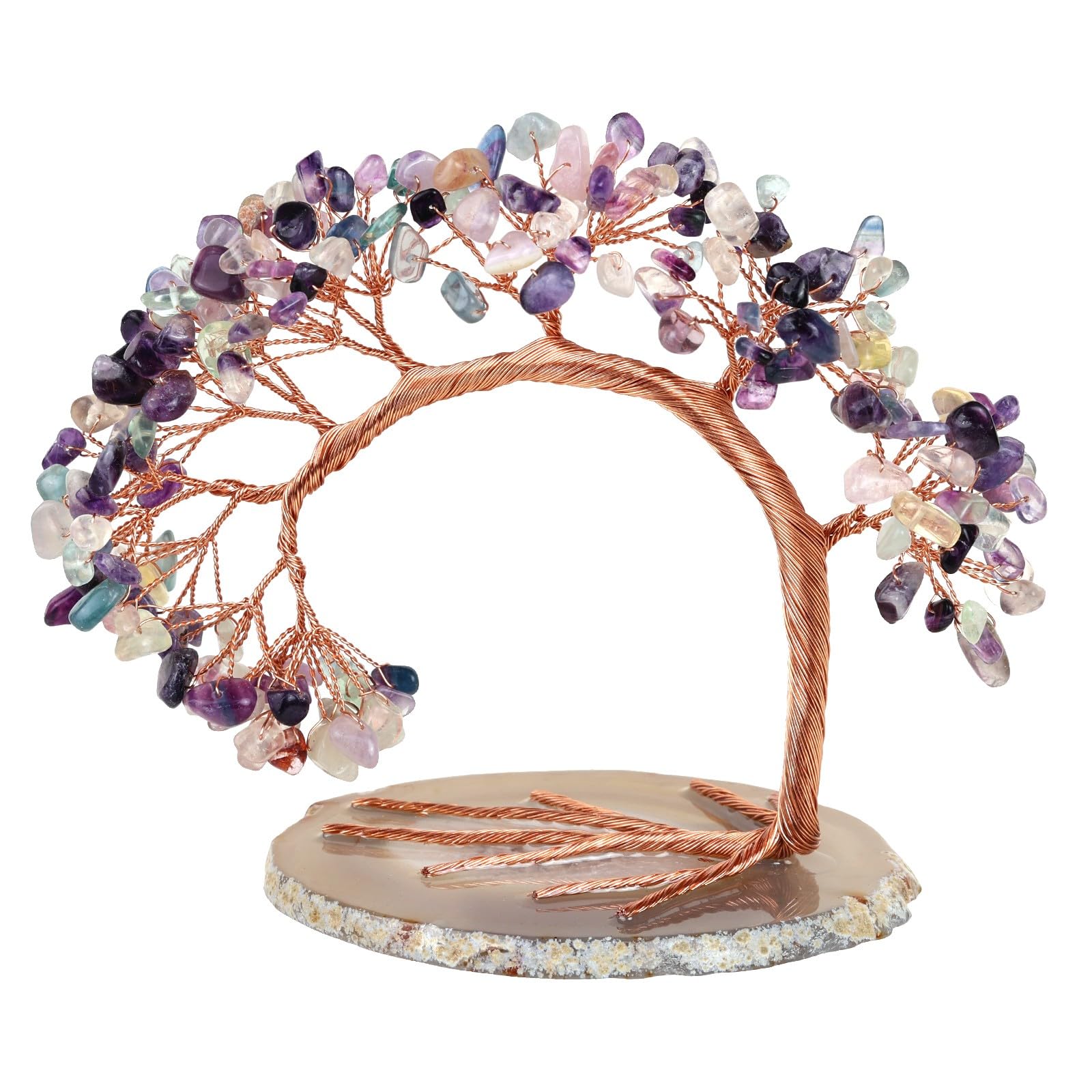 Handmade Fluorite Crystal Tree on Agate Slice Base, Feng Shui Stone Money Tree Bonsai for Home Office Decoration, 4.5"-5.2"