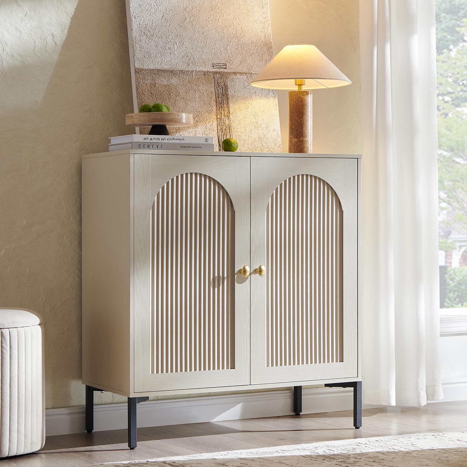 IFBUY Modern Sideboard Buffet Cabinet, 34" Tall Fluted Arched Buffet Cabinet with Storage and Adjustable Shelves, Wooden Modular Coffee Bar Cabinets for Kitchen, Entryway, Natural
