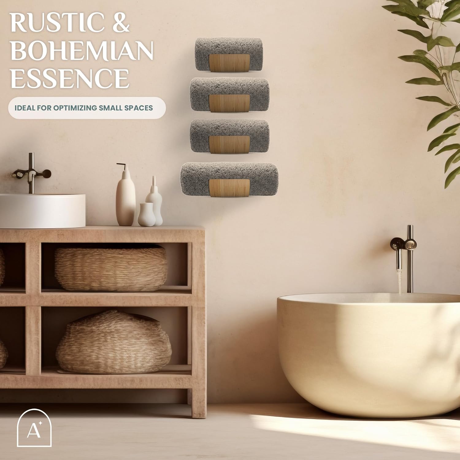 Bamboo Towel Rack by Aura Nest Set of 4 Wood Towel Racks Bamboo Bathroom Accessories -Wall Towel Holder for Rolled Towels Wooden Towel Racks for Bathroom Spa Bathroom - Natural Bamboo